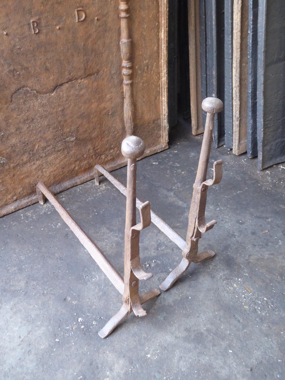 Wrought Iron French Gothic Andirons or Firedogs, 17th-18th Century For Sale