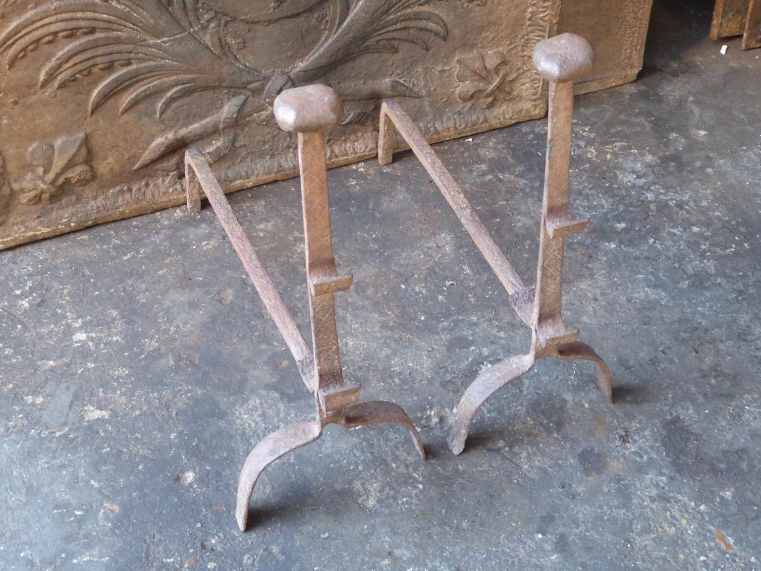 Forged French Gothic Andirons or Firedogs, 17th Century For Sale