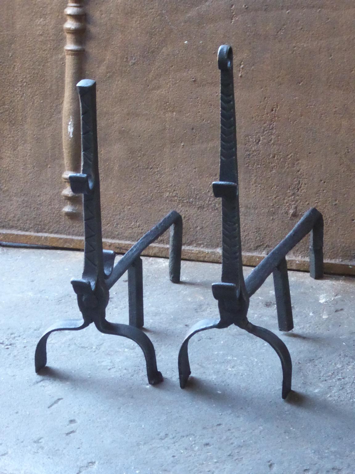 Forged French Gothic Andirons or Firedogs, 17th Century For Sale