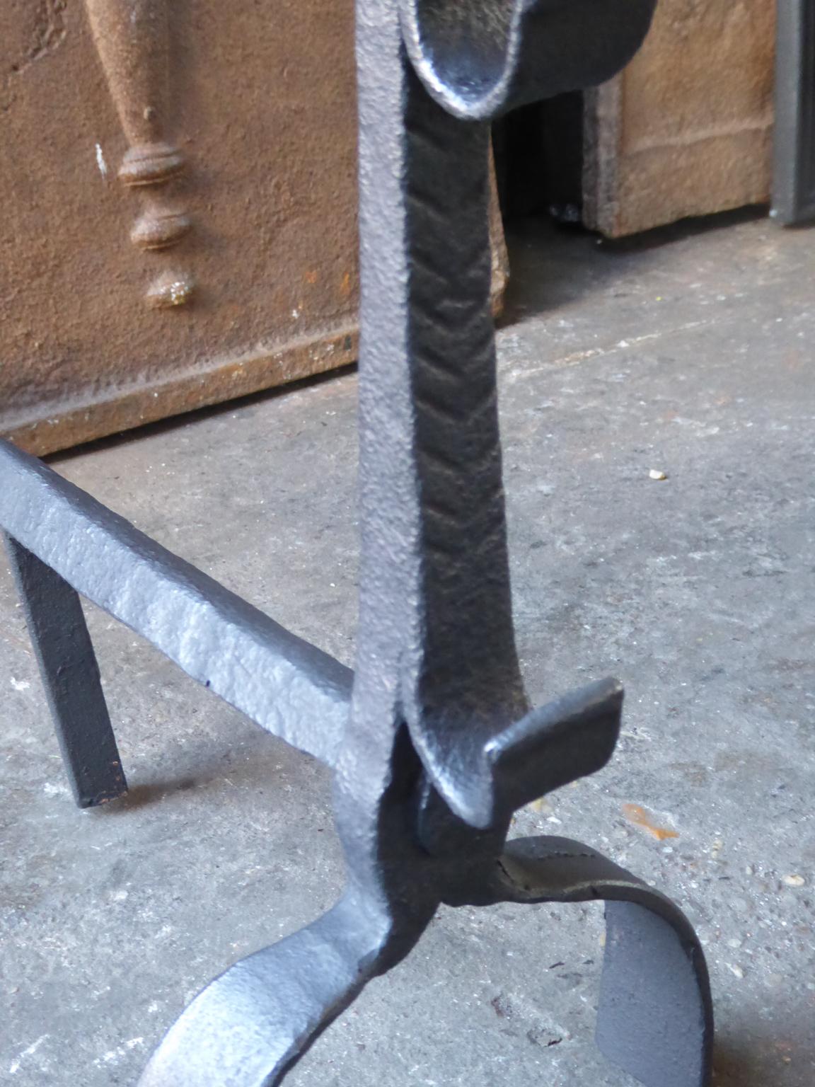 Wrought Iron French Gothic Andirons or Firedogs, 17th Century For Sale