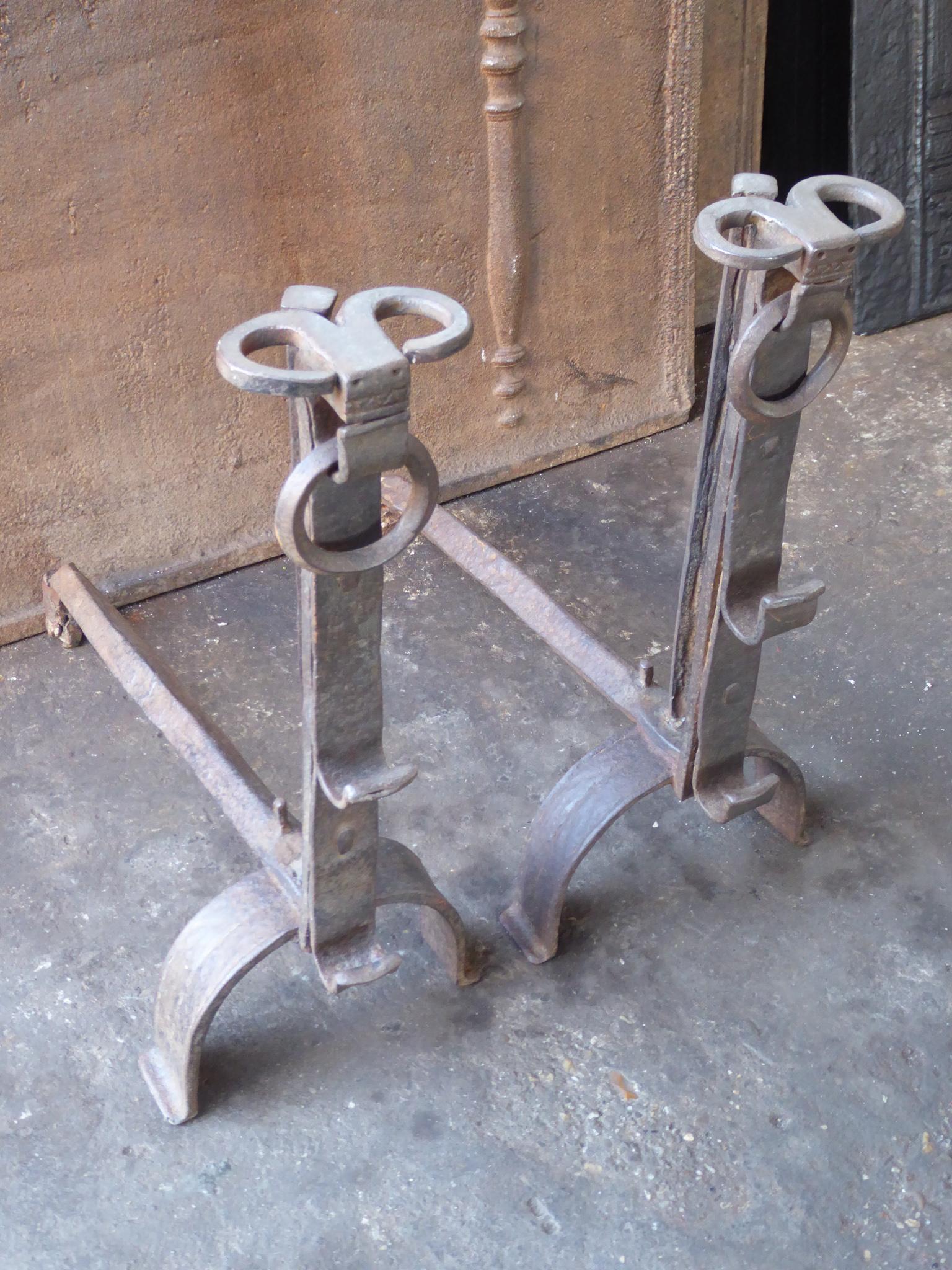 Wrought Iron French Gothic Andirons or Firedogs, 17th Century For Sale