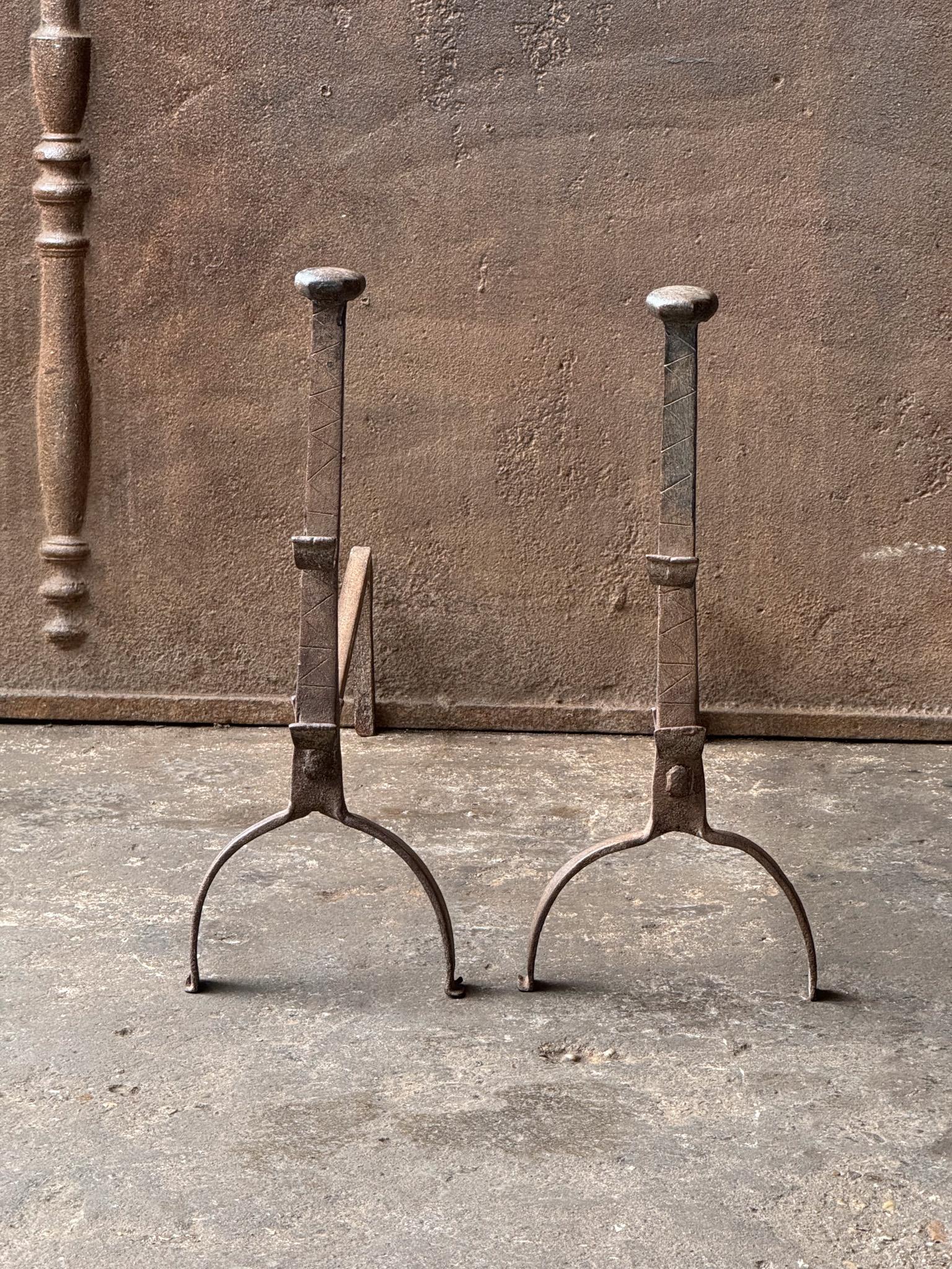 Forged French Gothic Andirons or Firedogs, Gothic Period, 17th Century For Sale