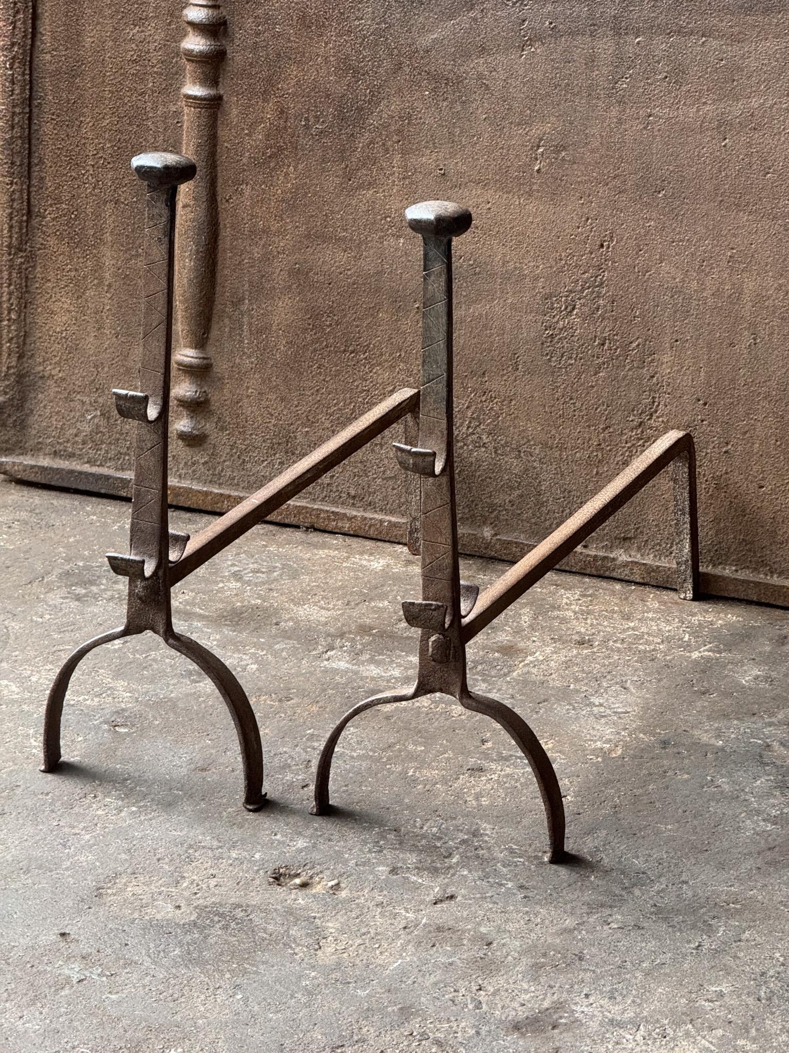 Wrought Iron French Gothic Andirons or Firedogs, Gothic Period, 17th Century For Sale