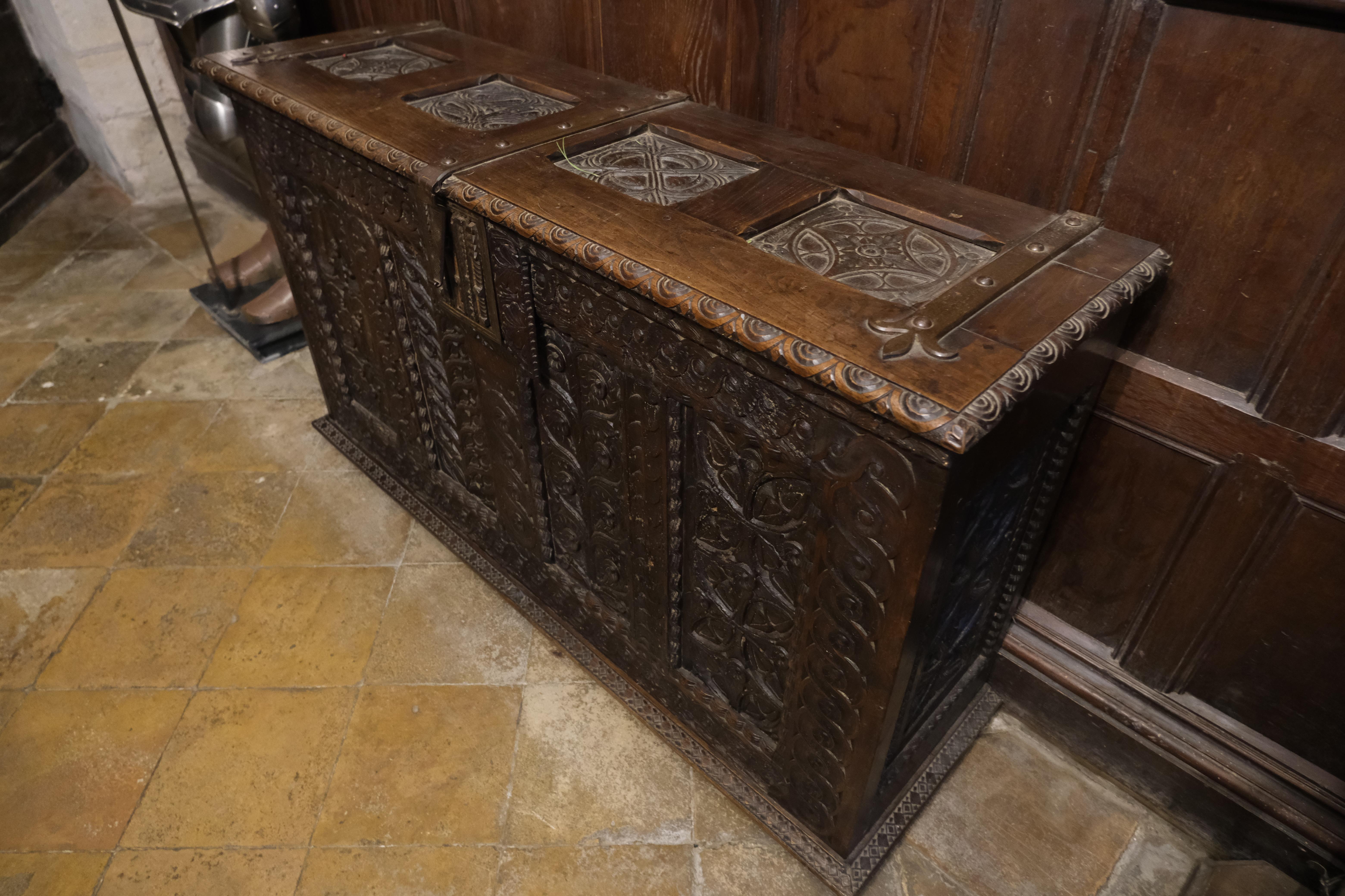 Hutton-Clarke Antiques is delighted to present an extraordinary piece of history: an antique Gothic French coffer meticulously crafted from earlier panels set within a 19th-century frame. This masterpiece exudes an opulent aesthetic, adorned with an