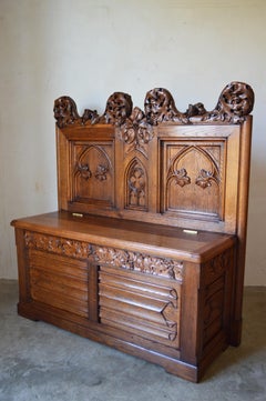 French Gothic Hall Chest Bench in Carved Oak, circa 1880
