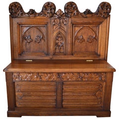 French Gothic Hall Chest Bench in Carved Oak, circa 1880