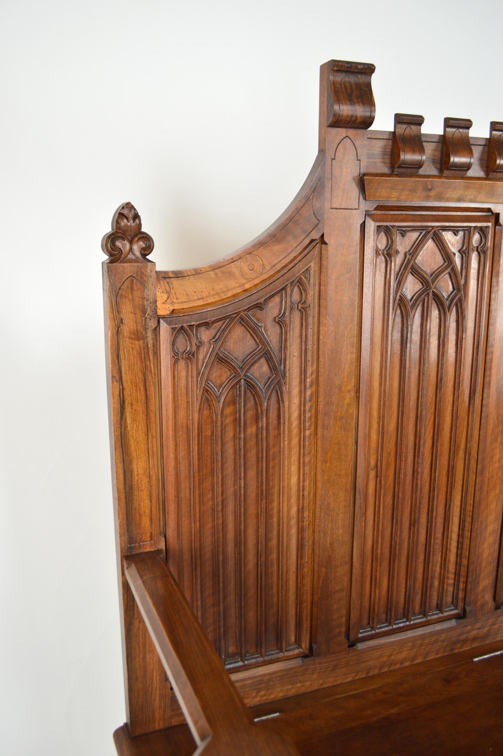 Wood French Gothic Hall Chest Bench in Carved Walnut, circa 1890 For Sale