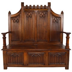 French Gothic Hall Chest Bench in Carved Walnut, circa 1890