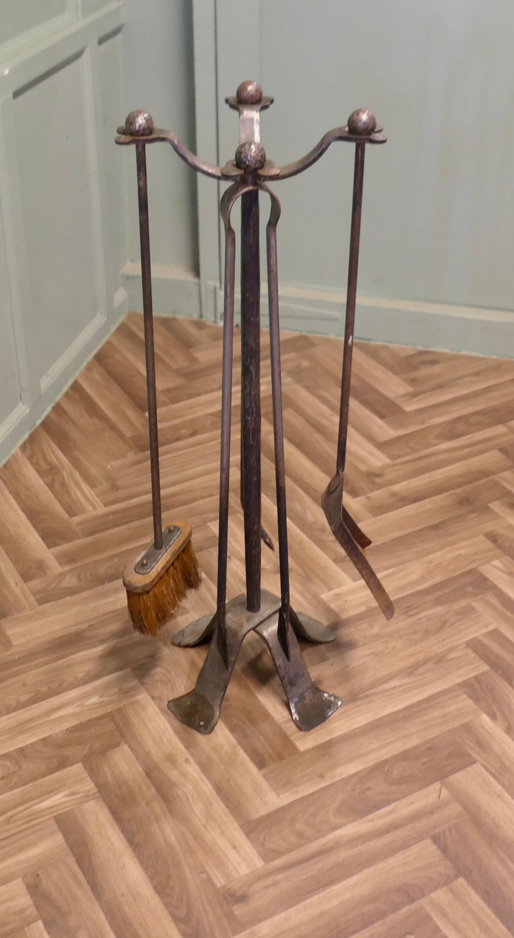 Arts and Crafts French Gothic Iron Manor House Fire Tool Companion Set For Sale