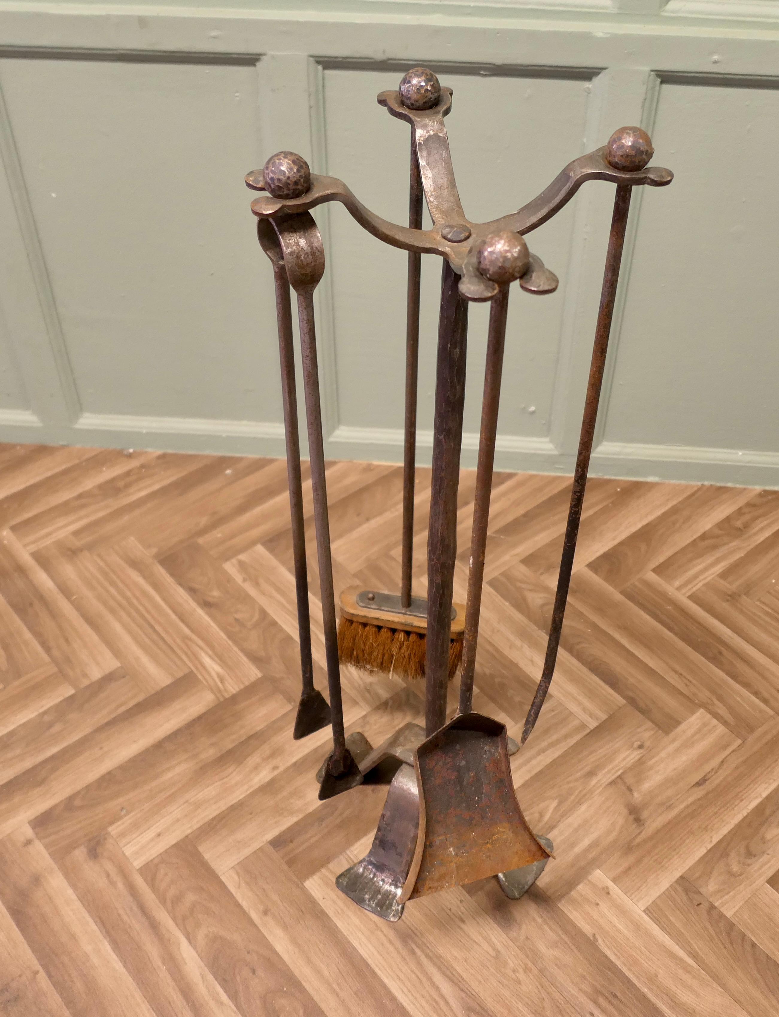 19th Century French Gothic Iron Manor House Fire Tool Companion Set For Sale