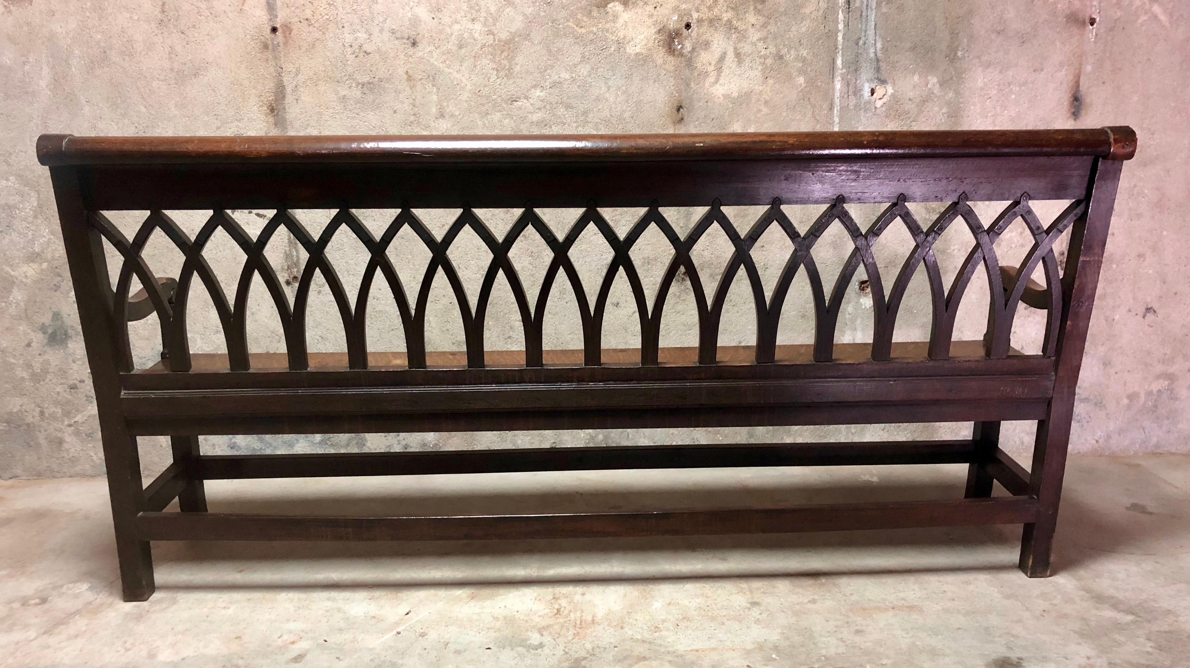 Carved French Gothic Long Bench in Tiger Oak