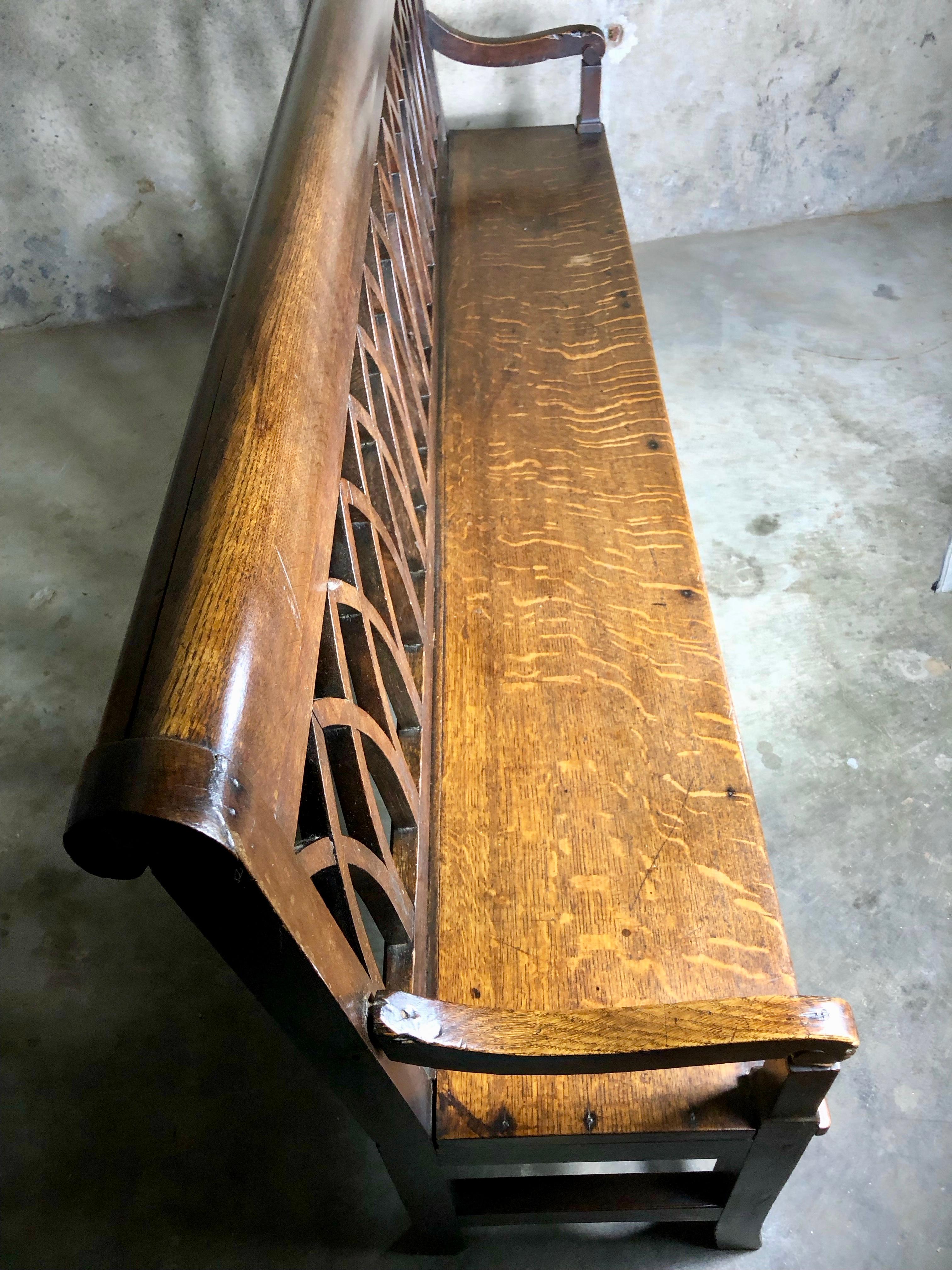 Iron French Gothic Long Bench in Tiger Oak