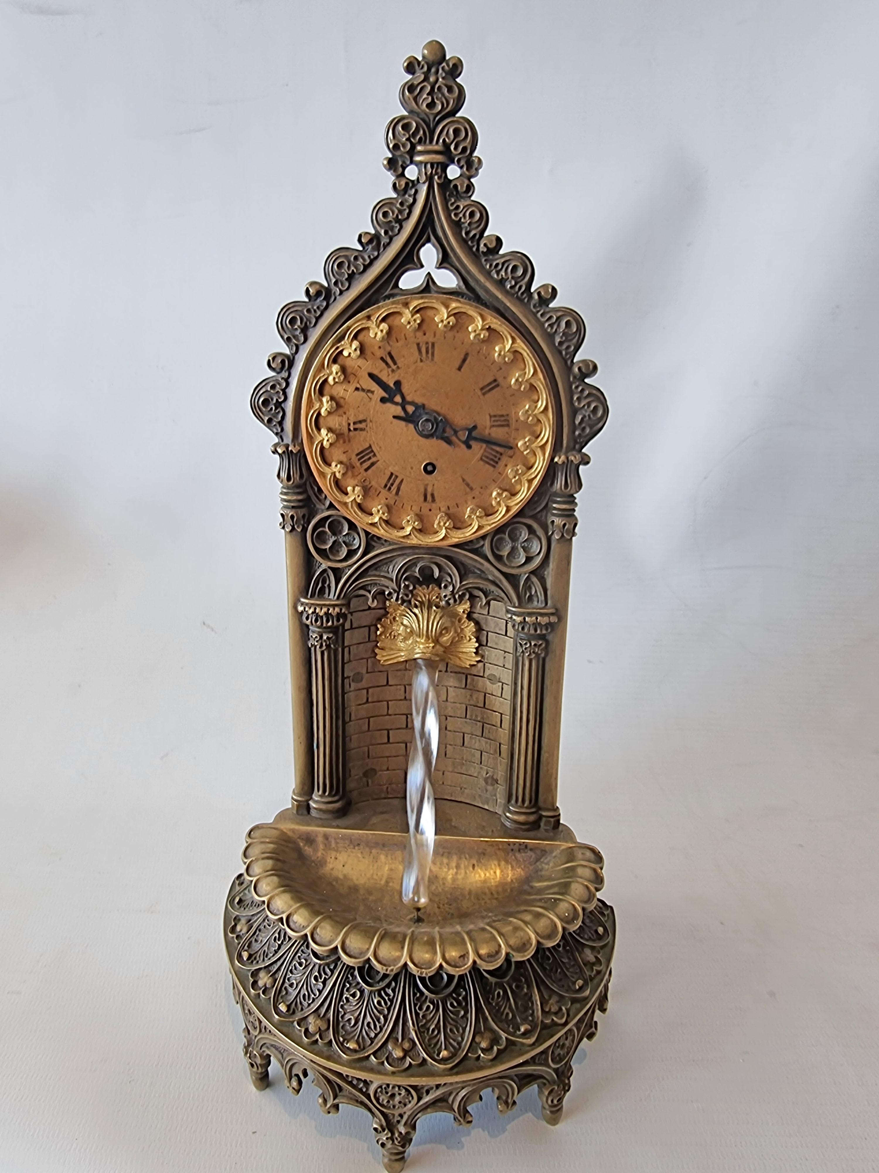Bronze French Gothic mantle clock with water automaton feature For Sale