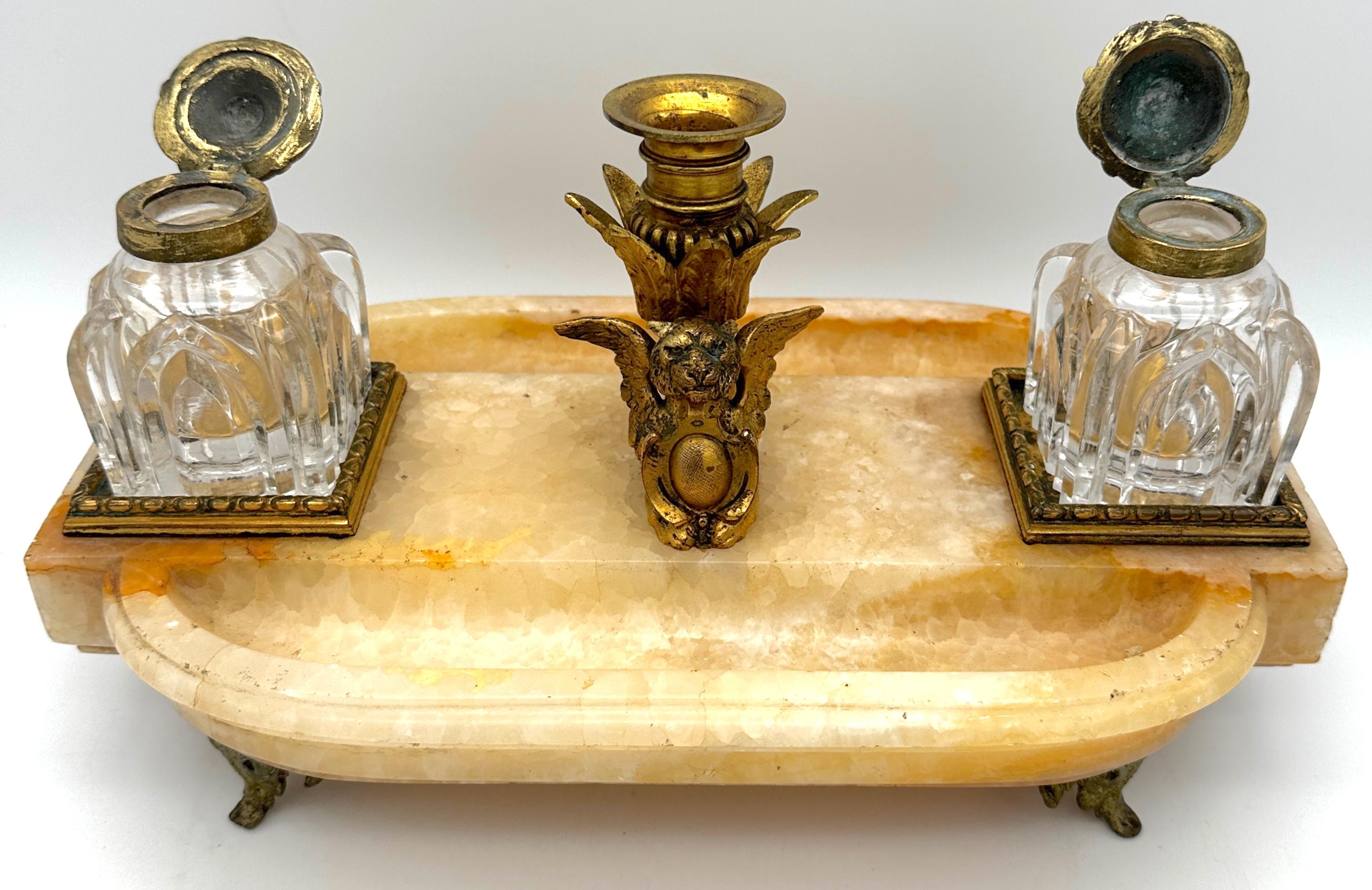 French Gothic Ormolu Cut Glass & Marble/Quartz Double Inkwell In Good Condition For Sale In West Palm Beach, FL