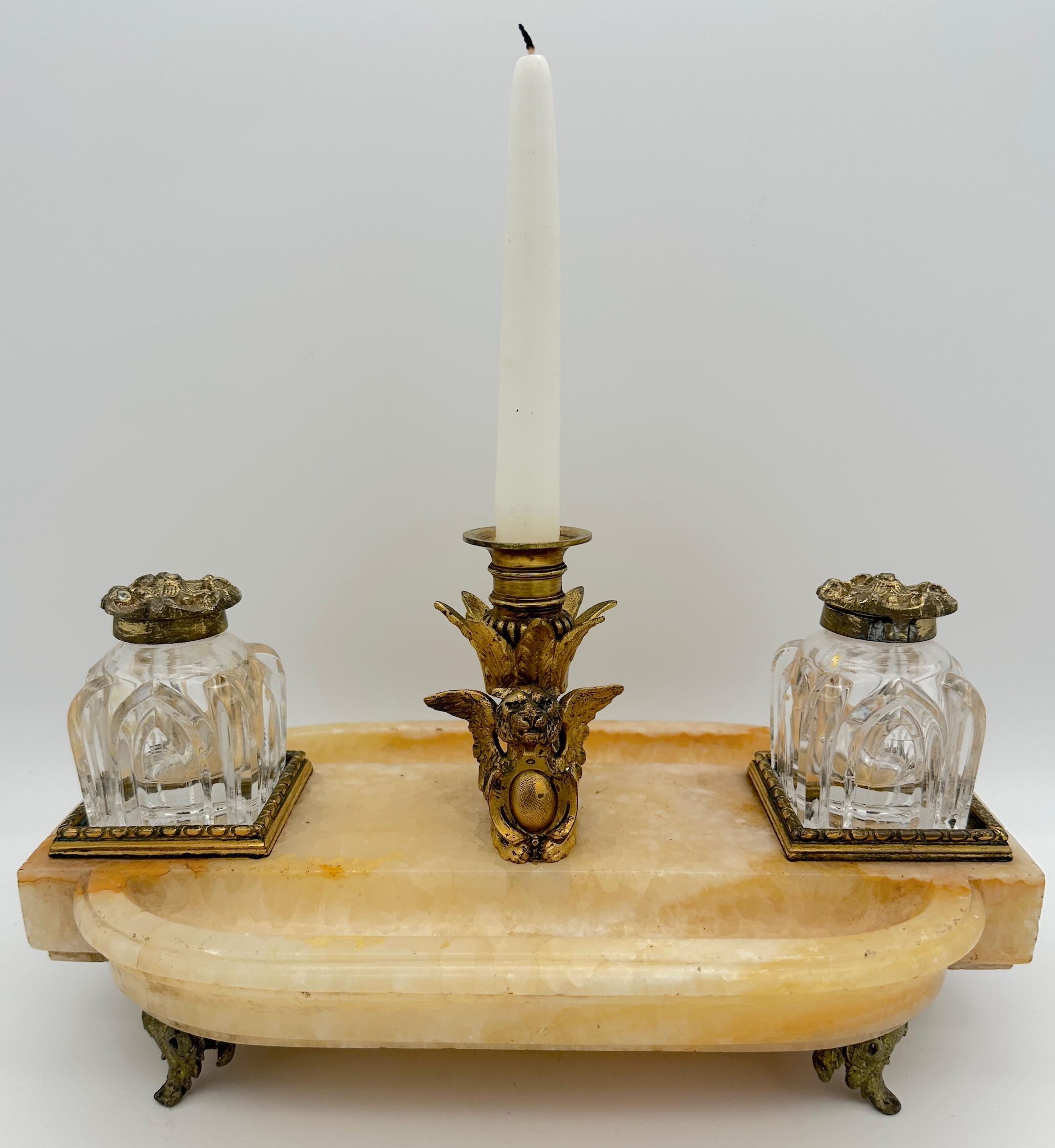 19th Century French Gothic Ormolu Cut Glass & Marble/Quartz Double Inkwell For Sale