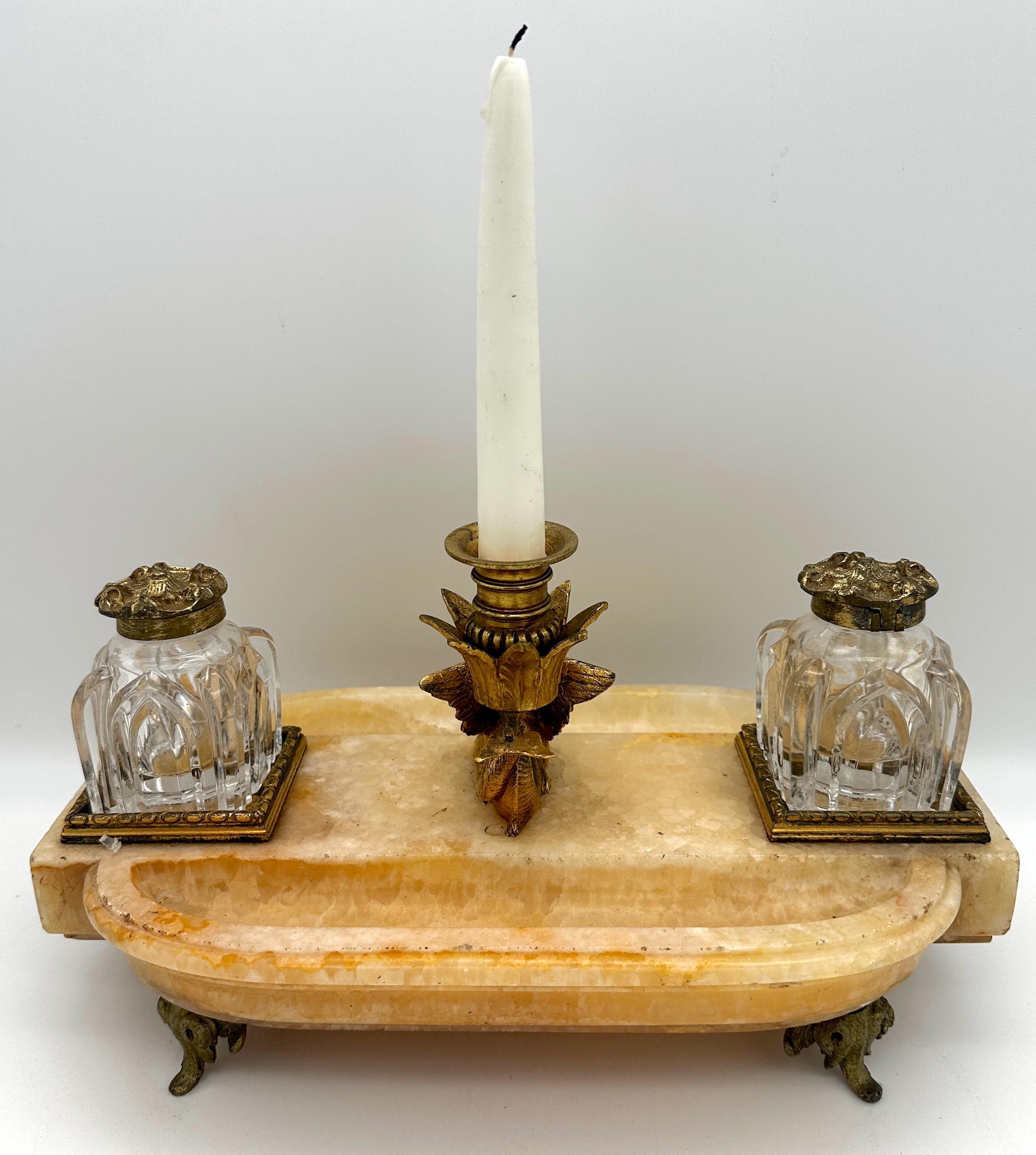 French Gothic Ormolu Cut Glass & Marble/Quartz Double Inkwell For Sale 2