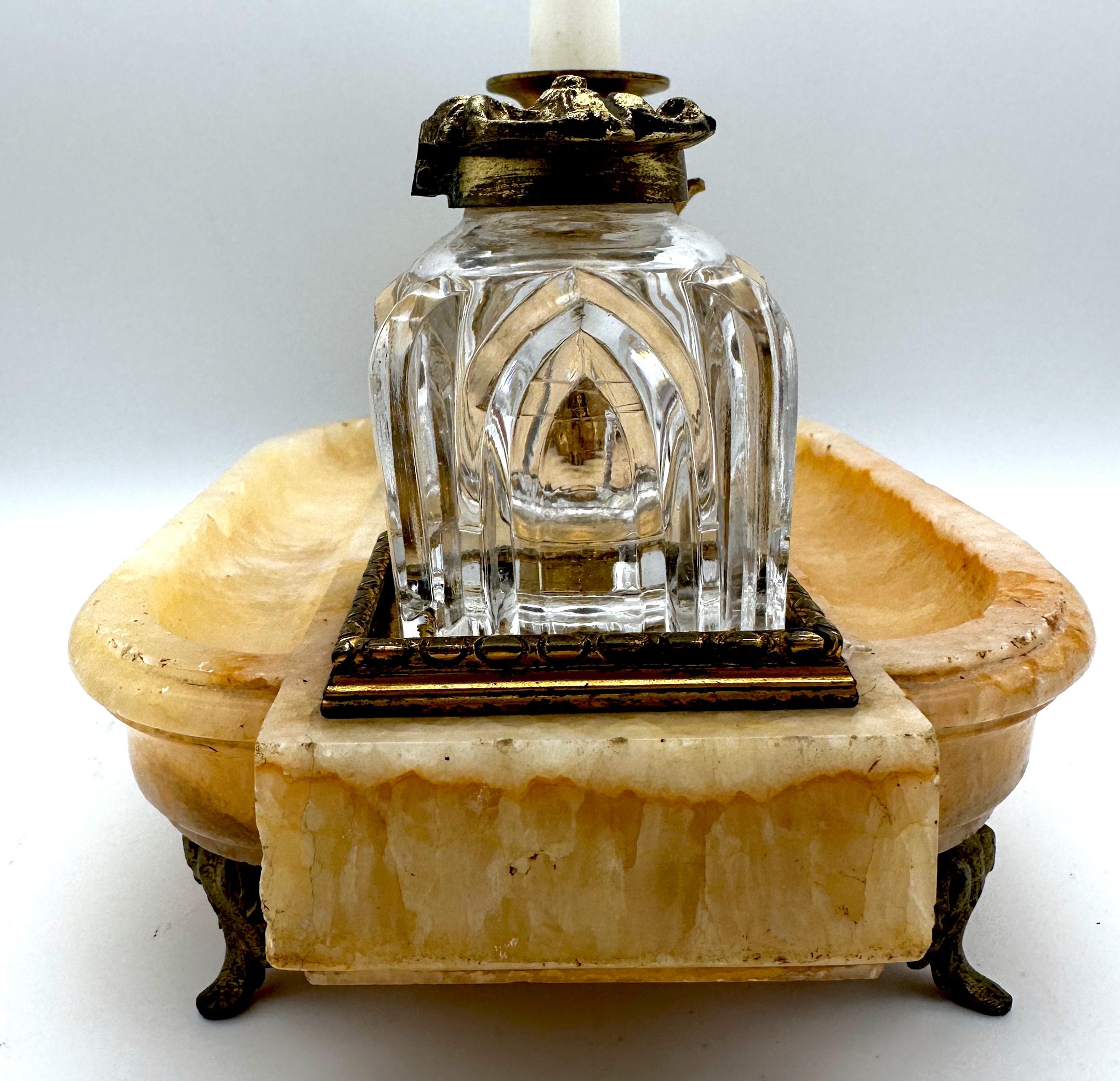French Gothic Ormolu Cut Glass & Marble/Quartz Double Inkwell For Sale 3