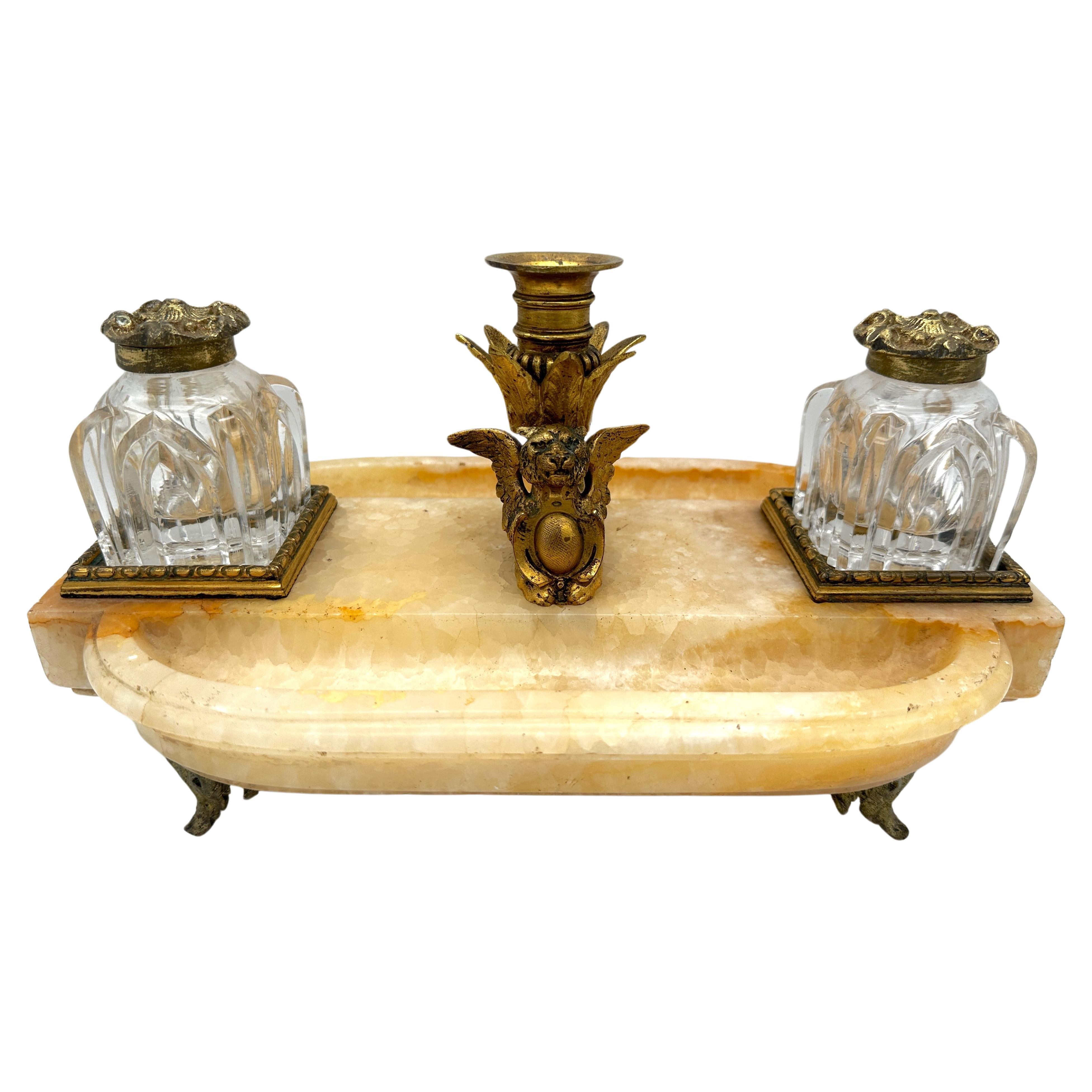 French Gothic Ormolu Cut Glass & Marble/Quartz Double Inkwell For Sale