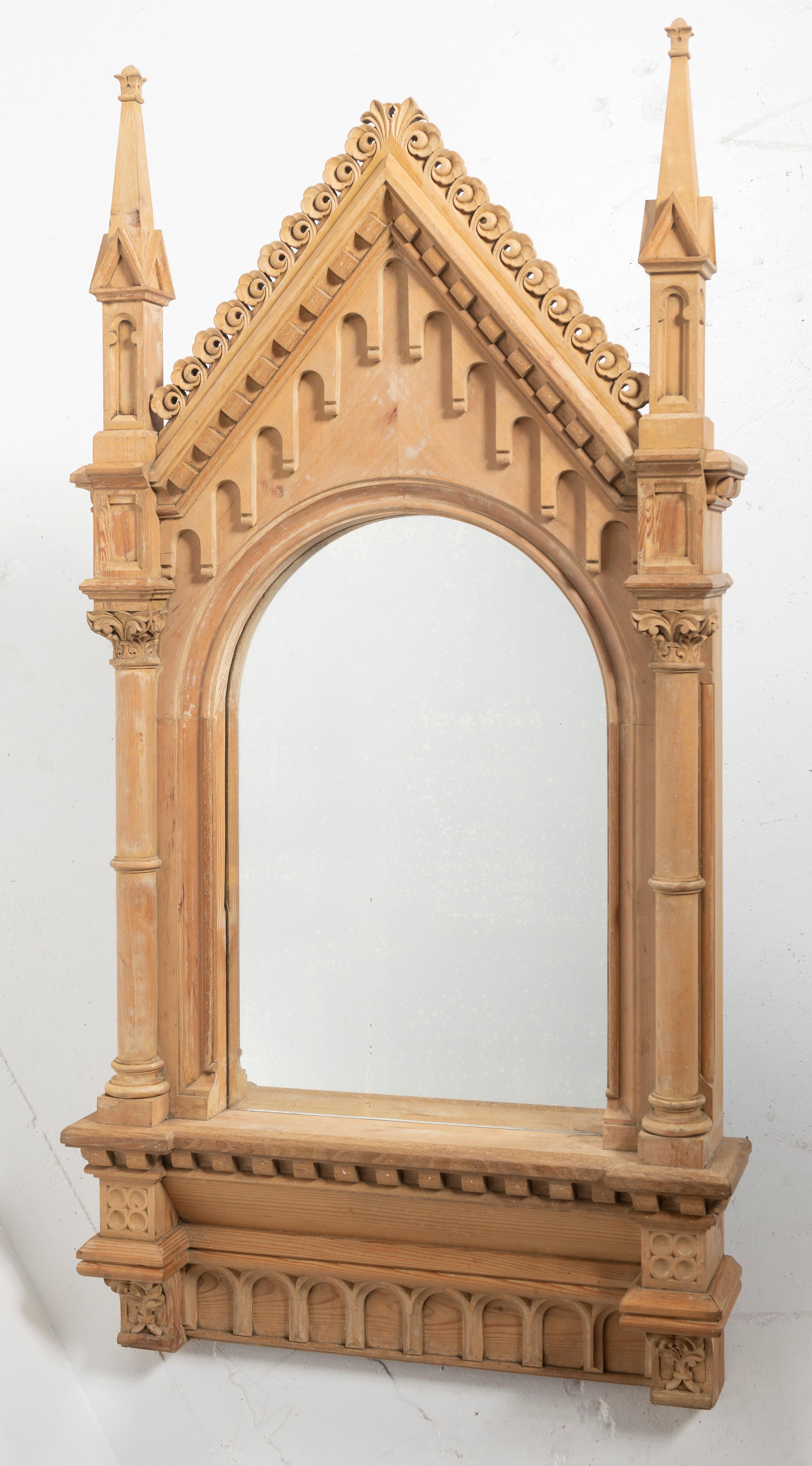 Carved French Gothic Pine Mirror