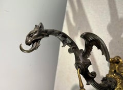 French Gothic Revival Bronze Drapery Tiebacks, Dragon Form Rocaille Base C. 1850