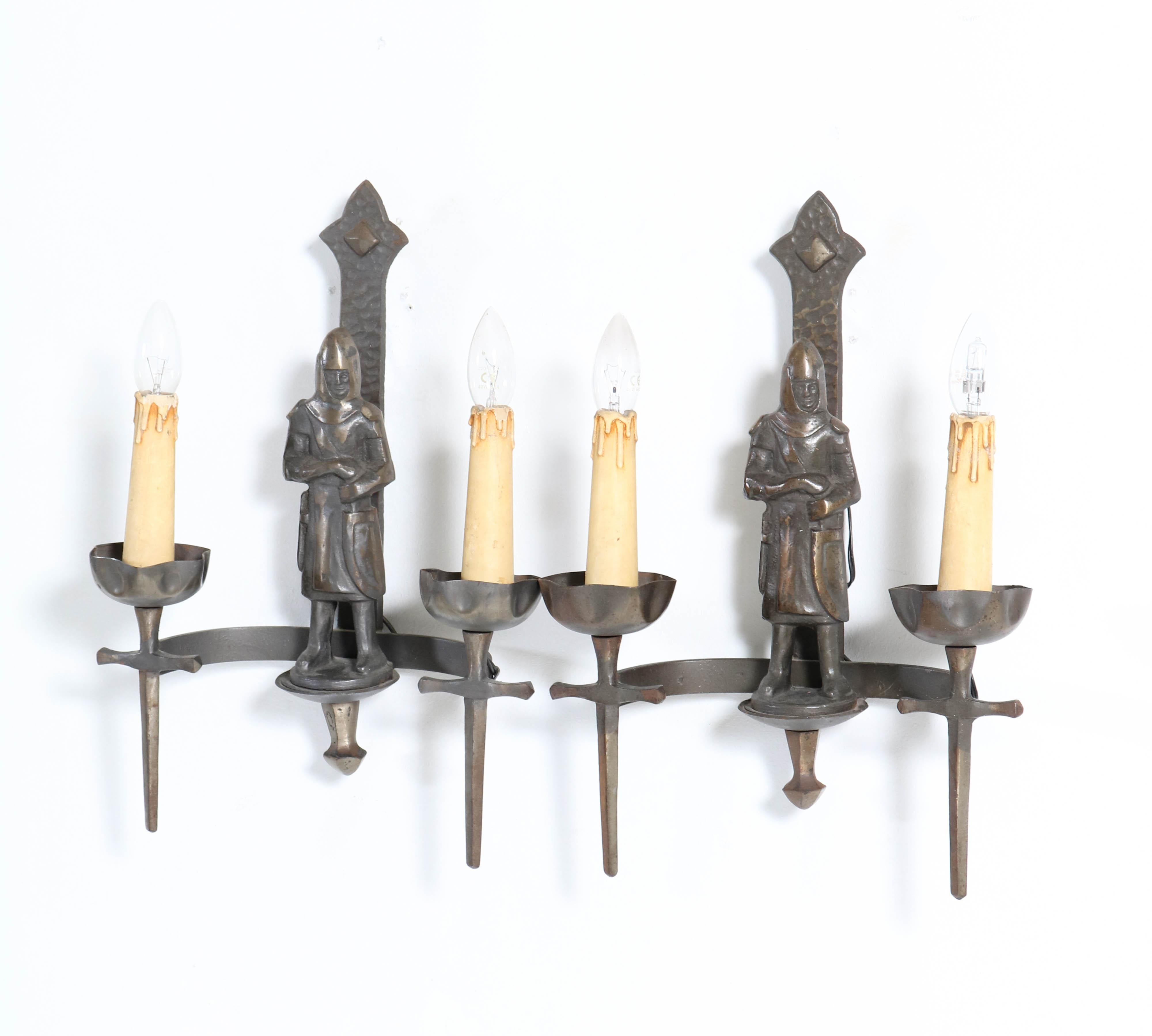 French Gothic Revival Bronzed Knights with Swords Wall Lights or Sconses 5