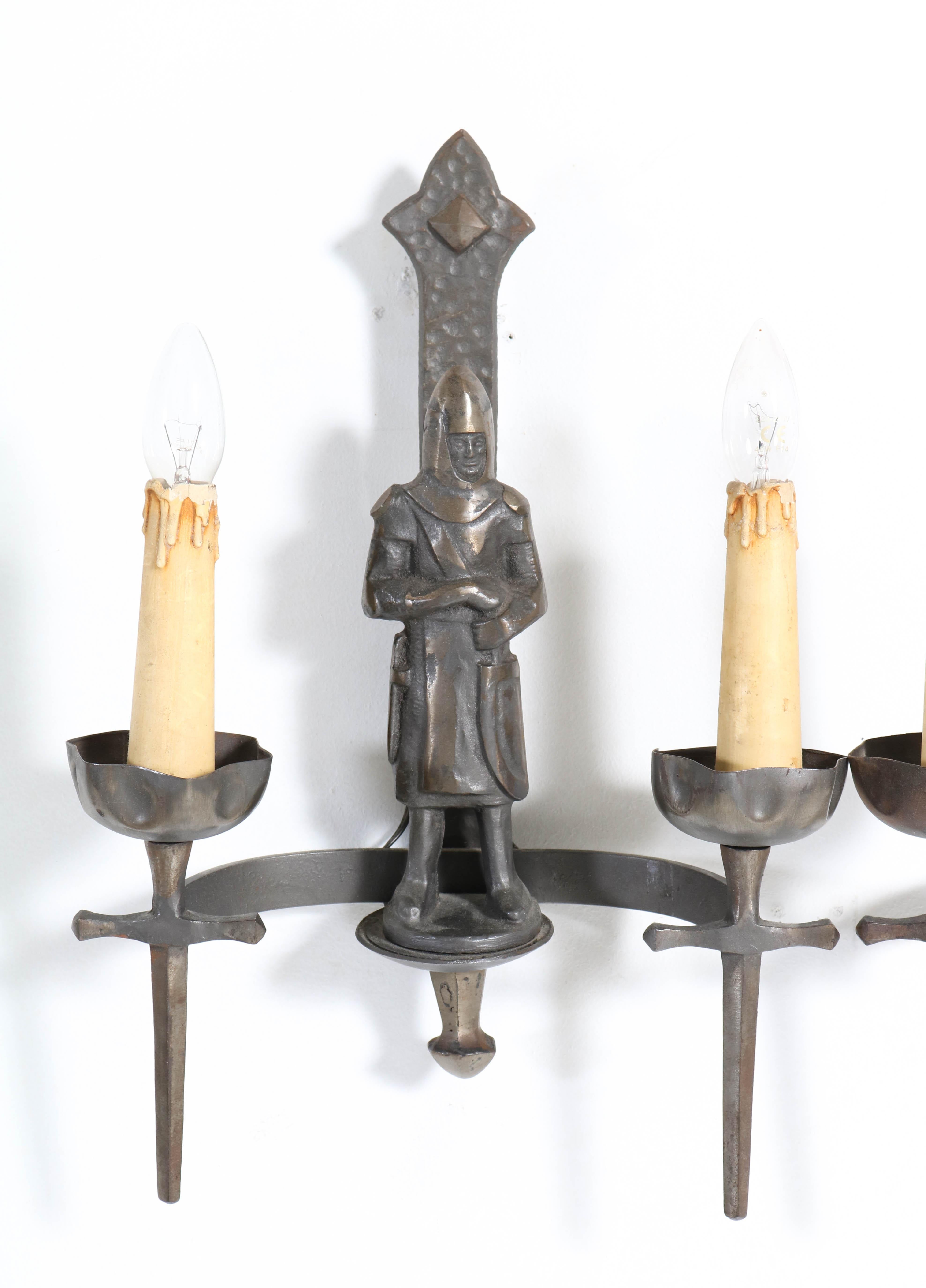 French Gothic Revival Bronzed Knights with Swords Wall Lights or Sconses 6