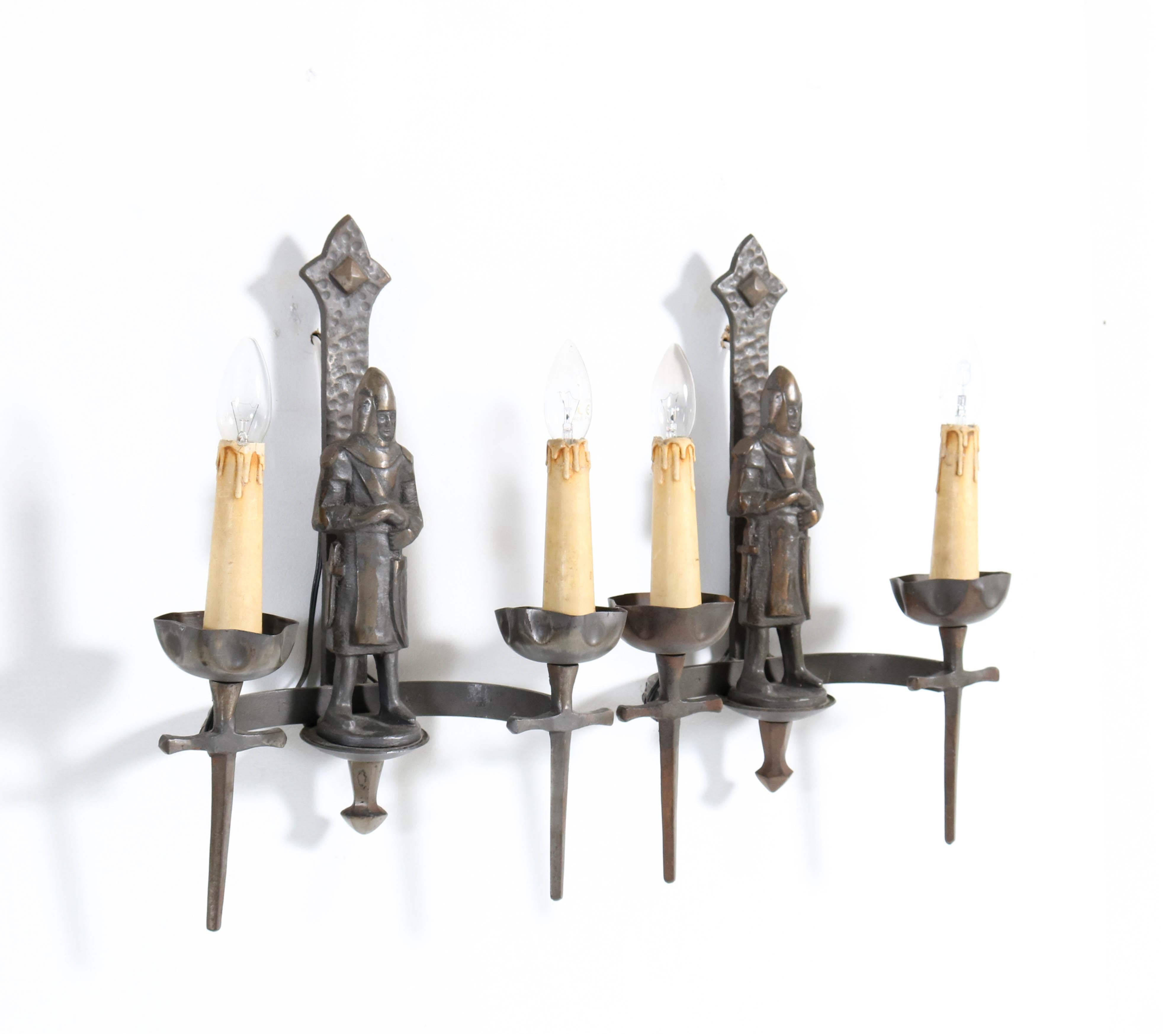 French Gothic Revival Bronzed Knights with Swords Wall Lights or Sconses 7