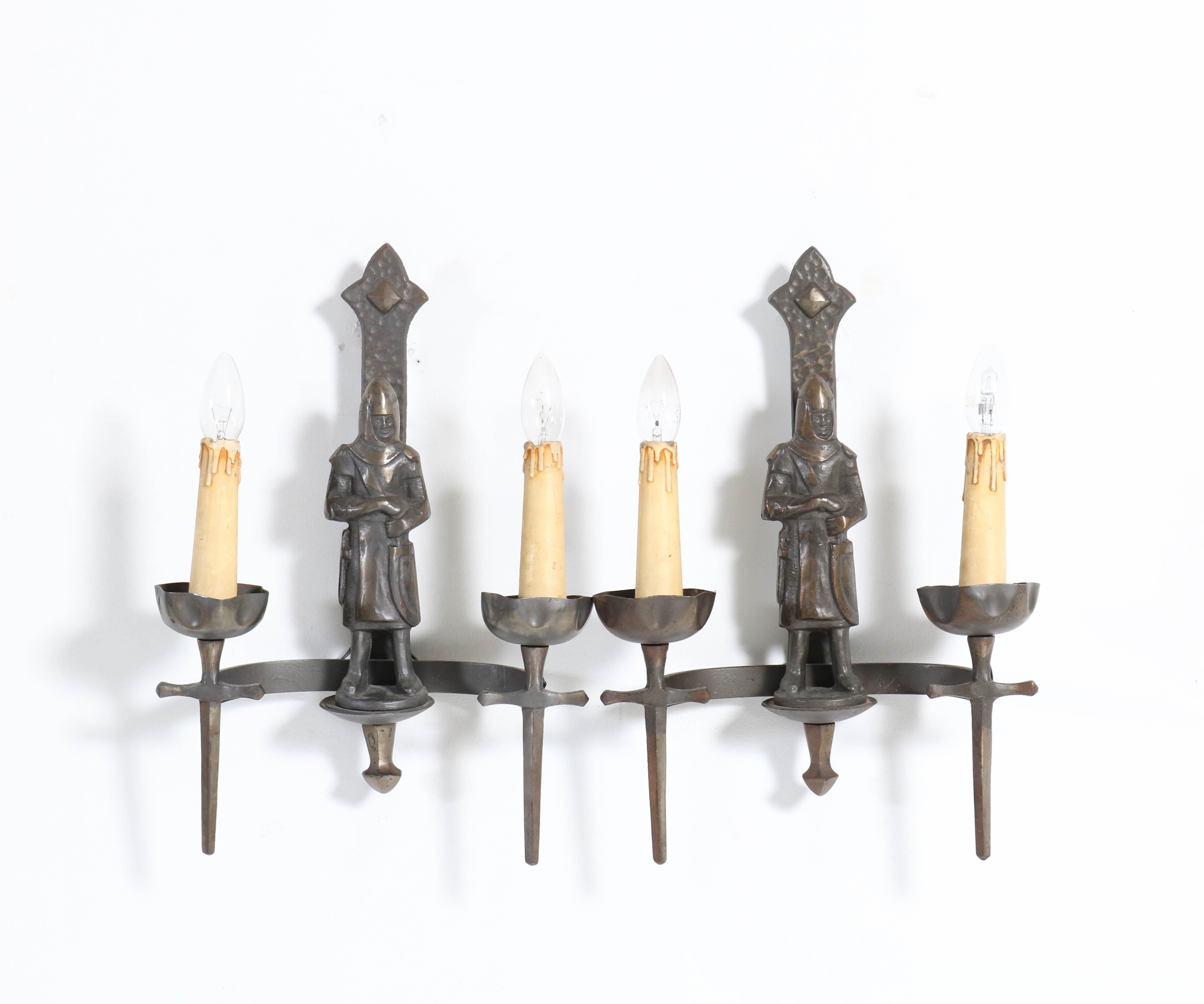French Gothic Revival Bronzed Knights with Swords Wall Lights or Sconses 8