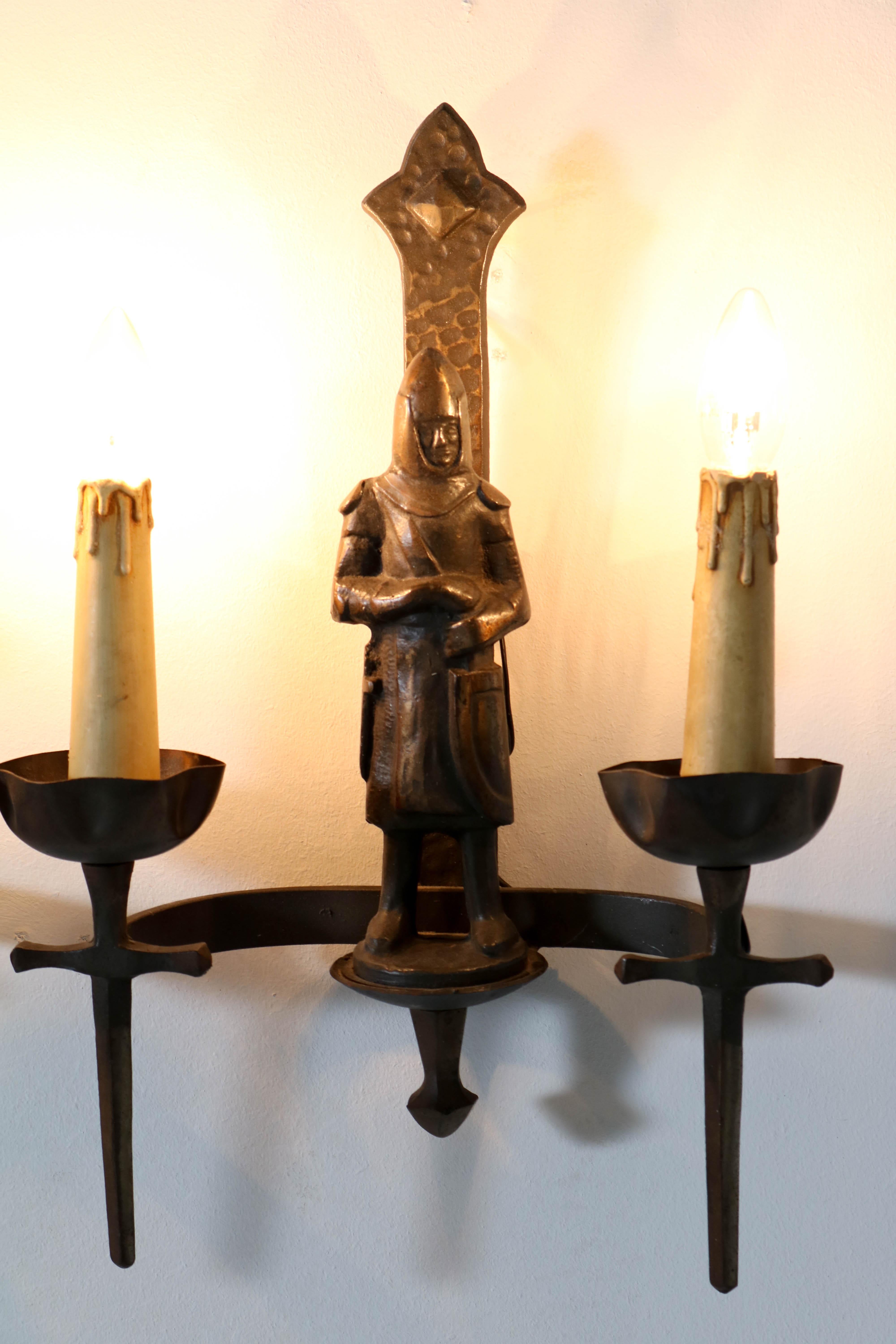 French Gothic Revival Bronzed Knights with Swords Wall Lights or Sconses In Good Condition In Amsterdam, NL