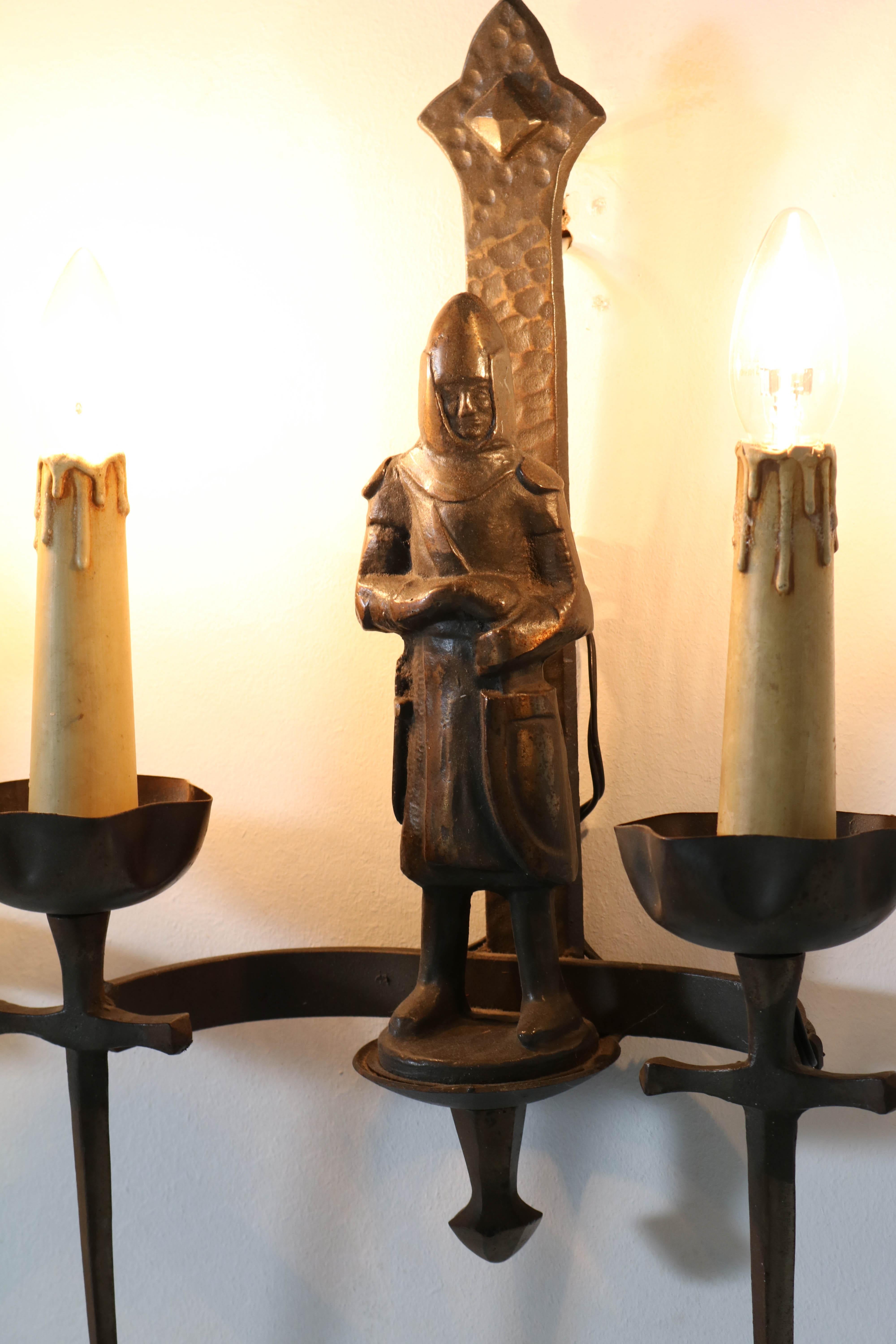 Mid-20th Century French Gothic Revival Bronzed Knights with Swords Wall Lights or Sconses