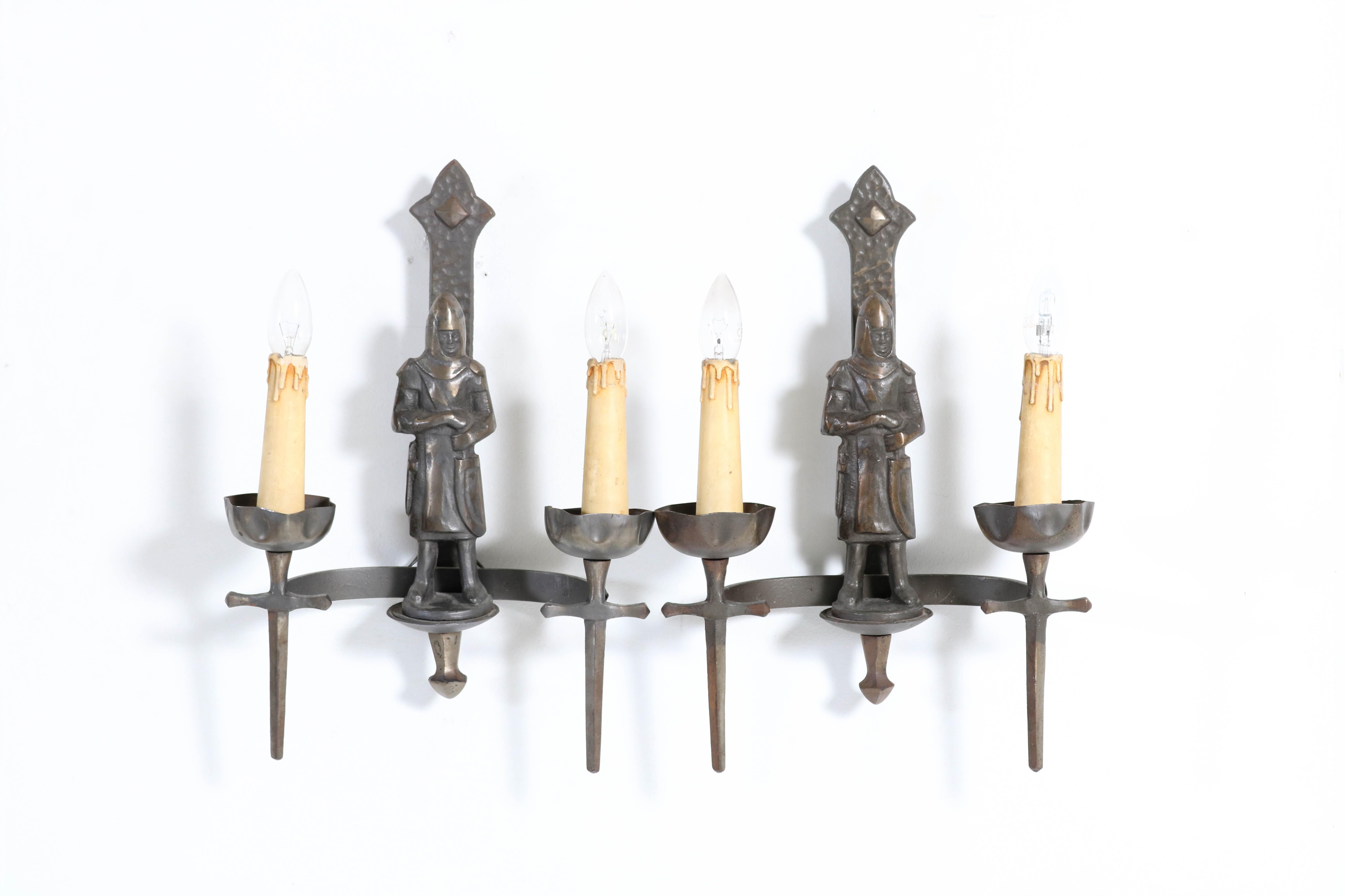 French Gothic Revival Bronzed Knights with Swords Wall Lights or Sconses 4