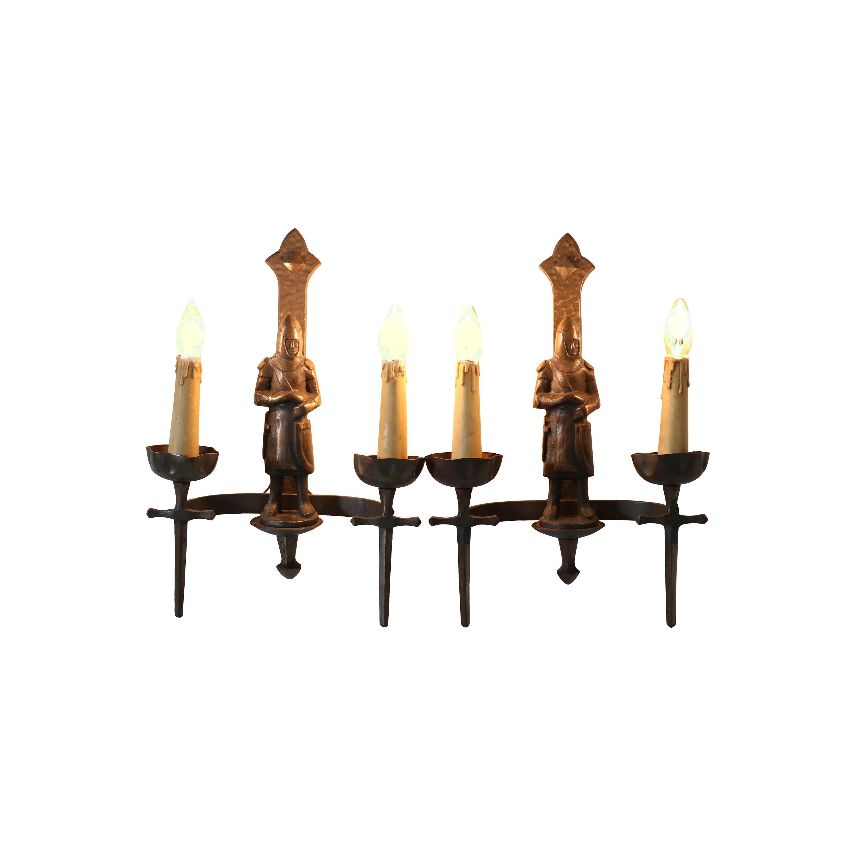French Gothic Revival Bronzed Knights with Swords Wall Lights or Sconses