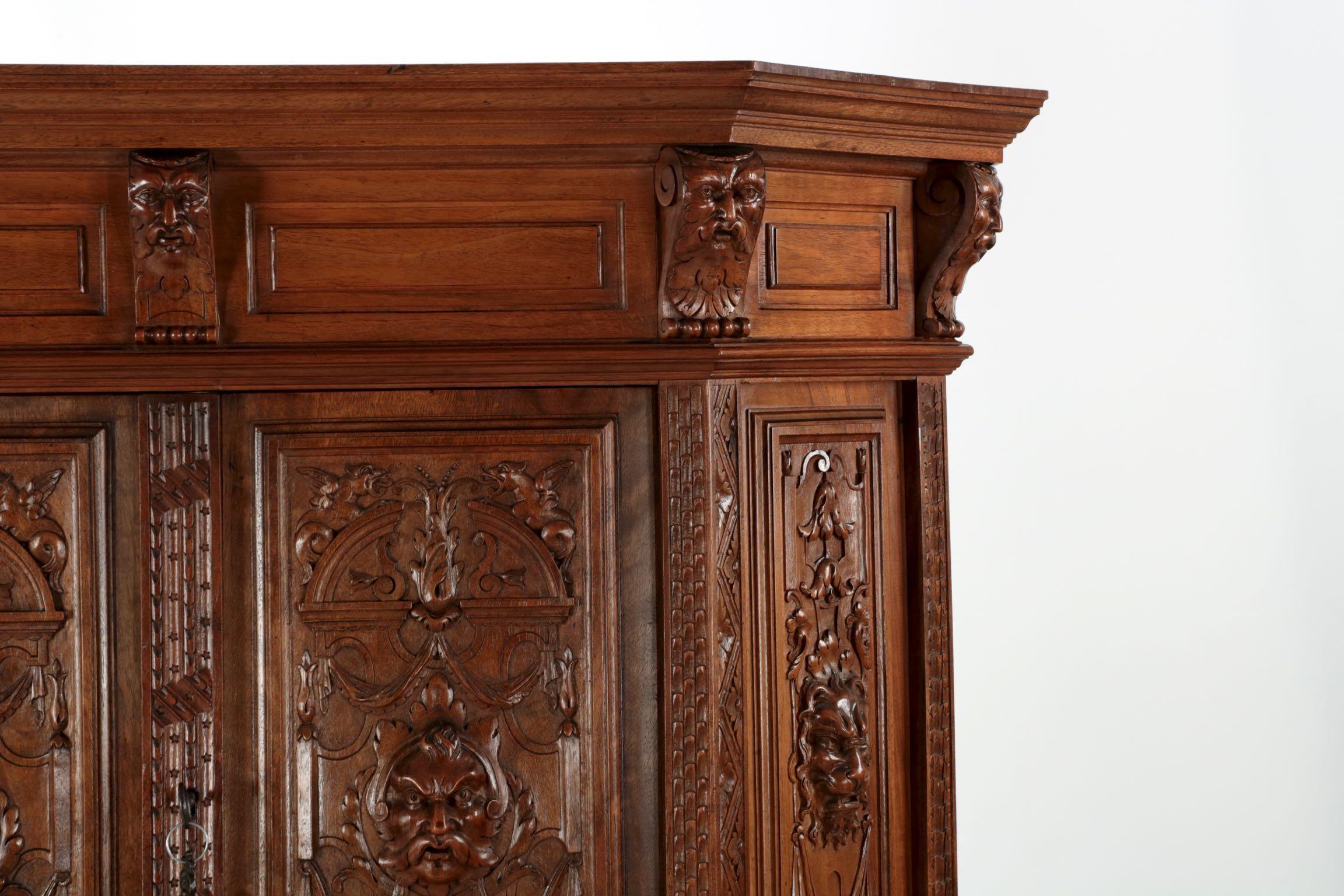 Wood French Gothic Revival Carved Walnut Antique Cupboard Cabinet, circa 1880 For Sale