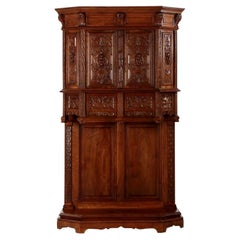 French Gothic Revival Carved Walnut Antique Cupboard Cabinet, circa 1880