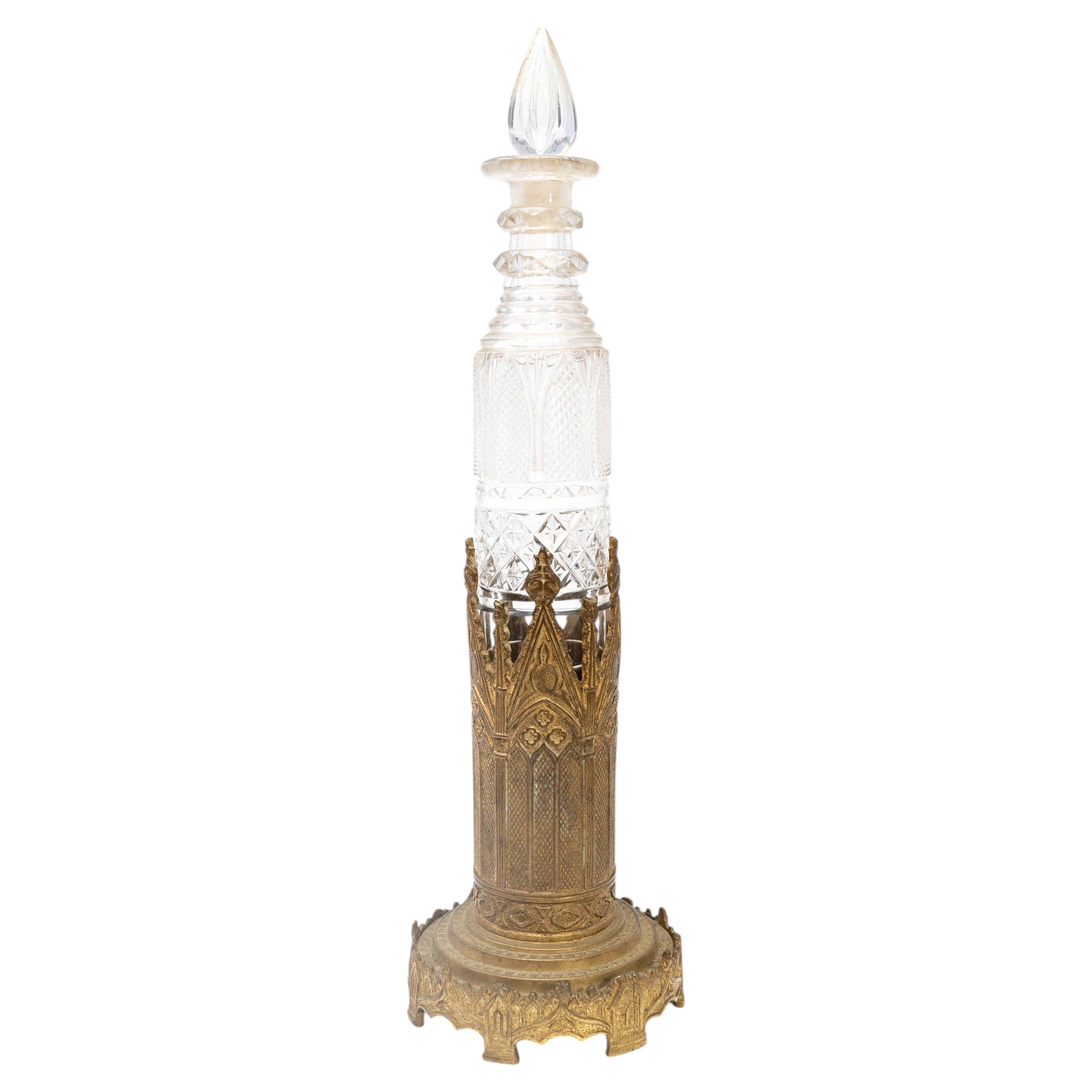 French Gothic Revival Gilt Bronze Mounted Cut Glass Decanter / Scent Bottle For Sale