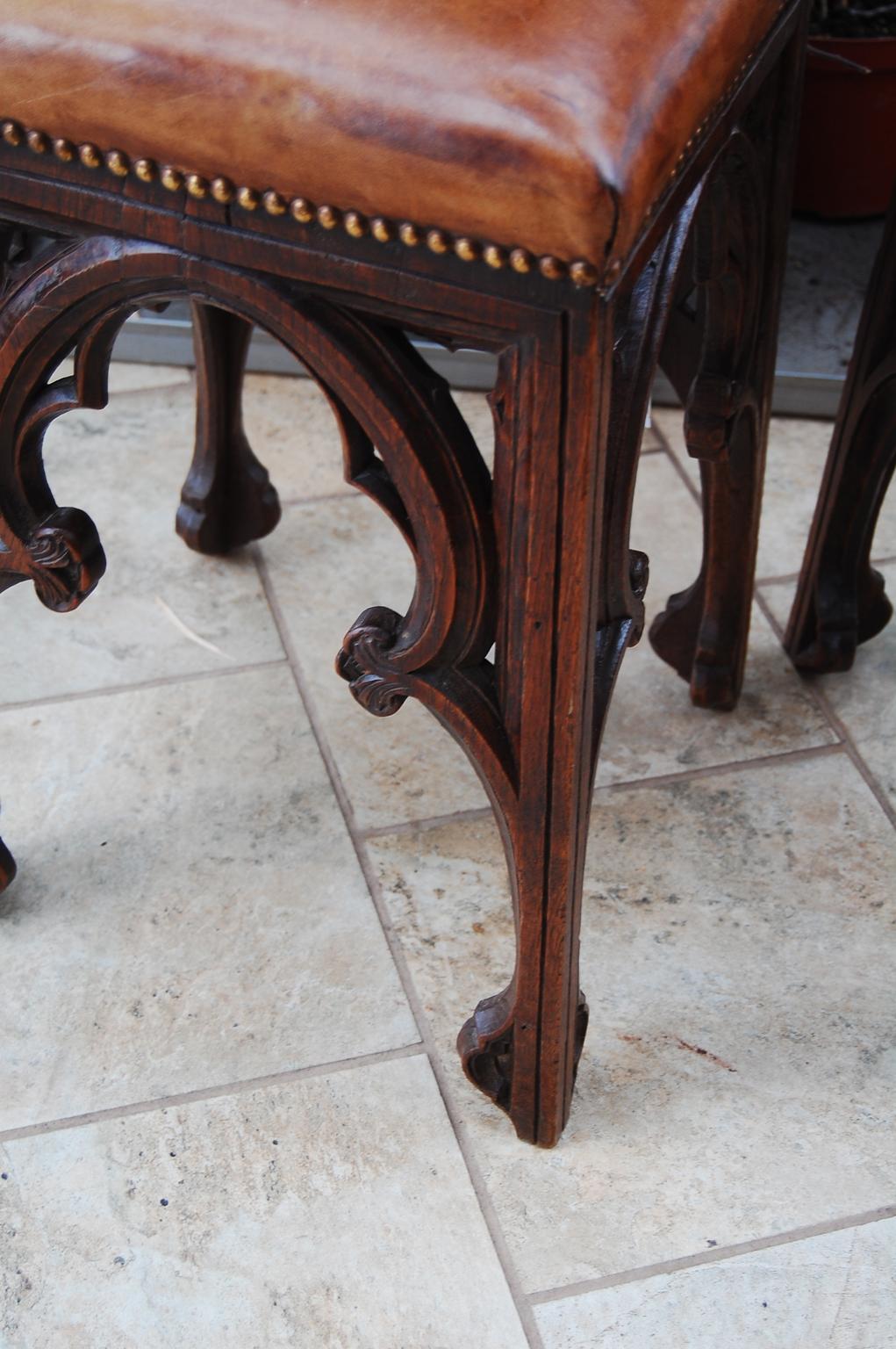 Cowhide French Gothic Revival Pair of Carved Stools 19th Century For Sale