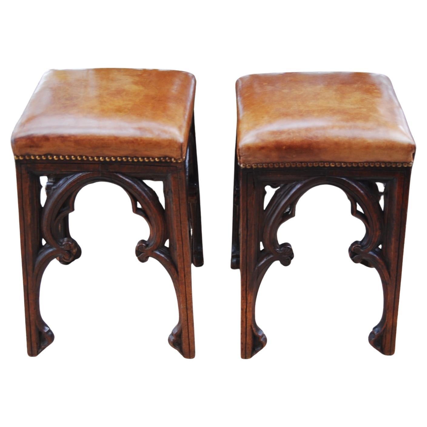 French Gothic Revival Pair of Carved Stools 19th Century For Sale