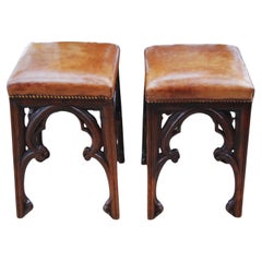 Antique French Gothic Revival Pair of Carved Stools 19th Century