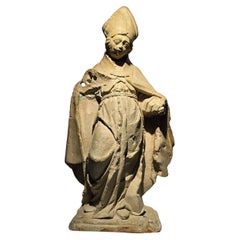 French Gothic Stone Sculpture of a Bishop – 15th Century