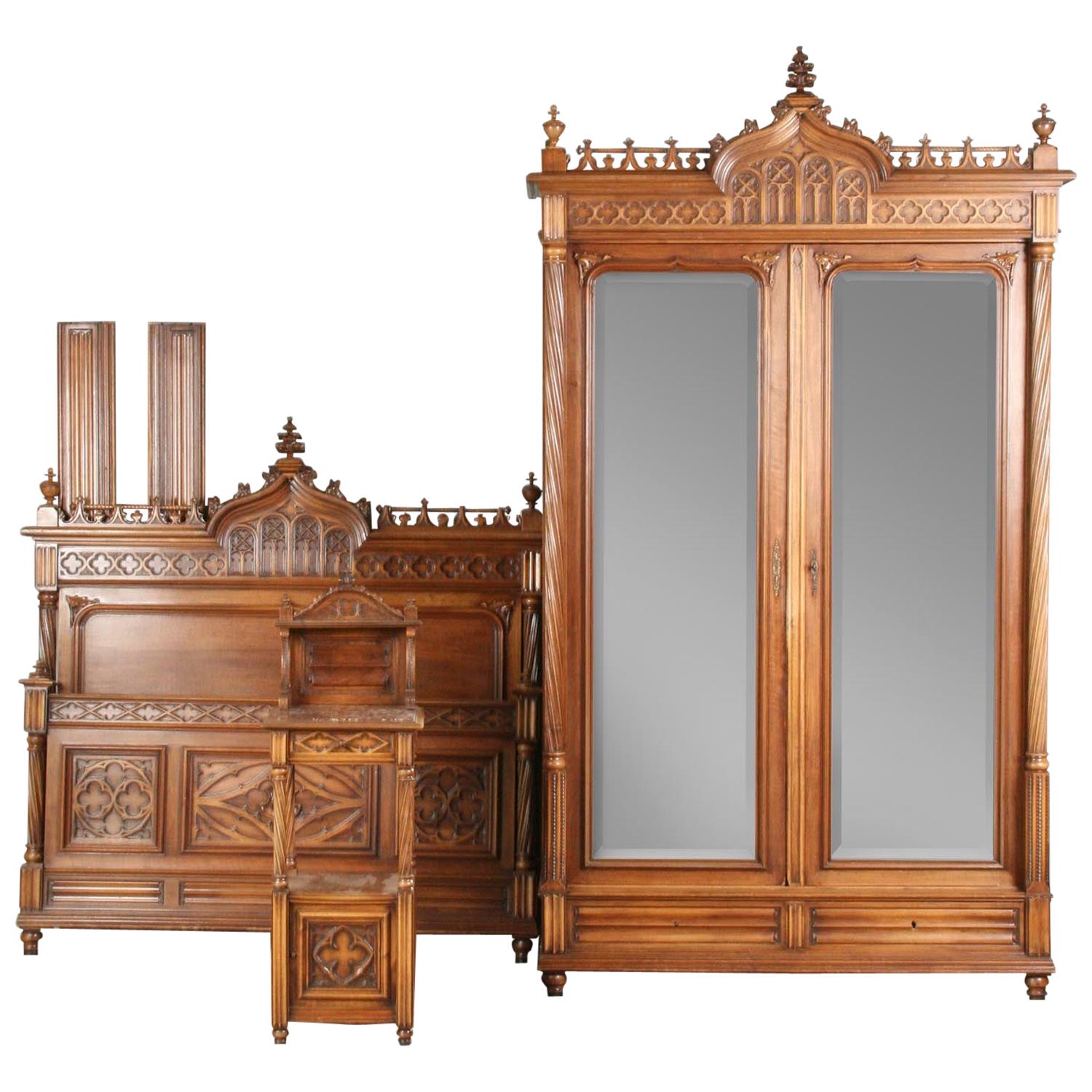 French Gothic Style Bedroom Set, Carved Walnut End of the 19th Century