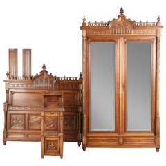 French Gothic Style Bedroom Set, Carved Walnut End of the 19th Century