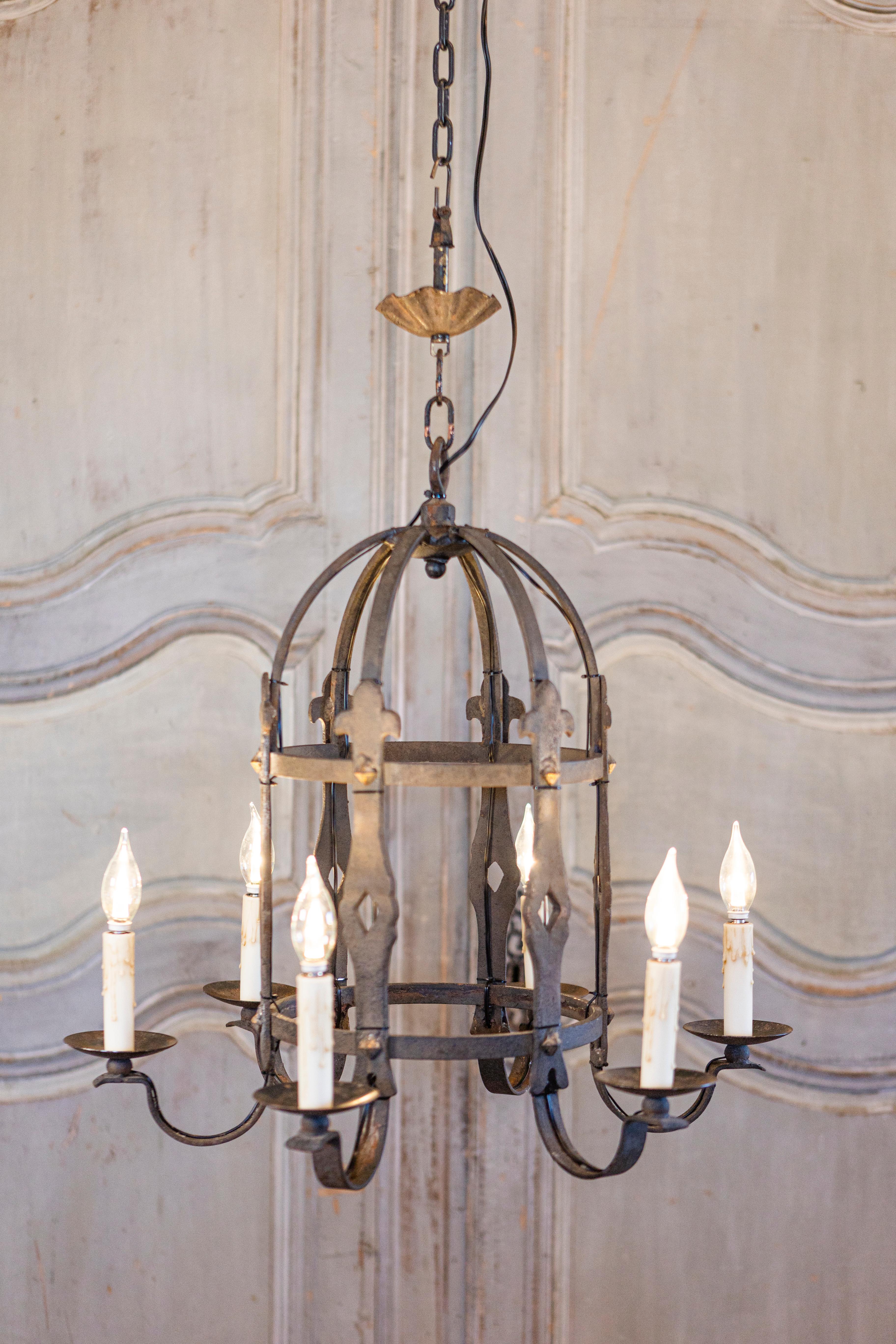 20th Century French Gothic Style Cage Shaped Wrought Iron Six-Light Chandelier, USA Wired For Sale