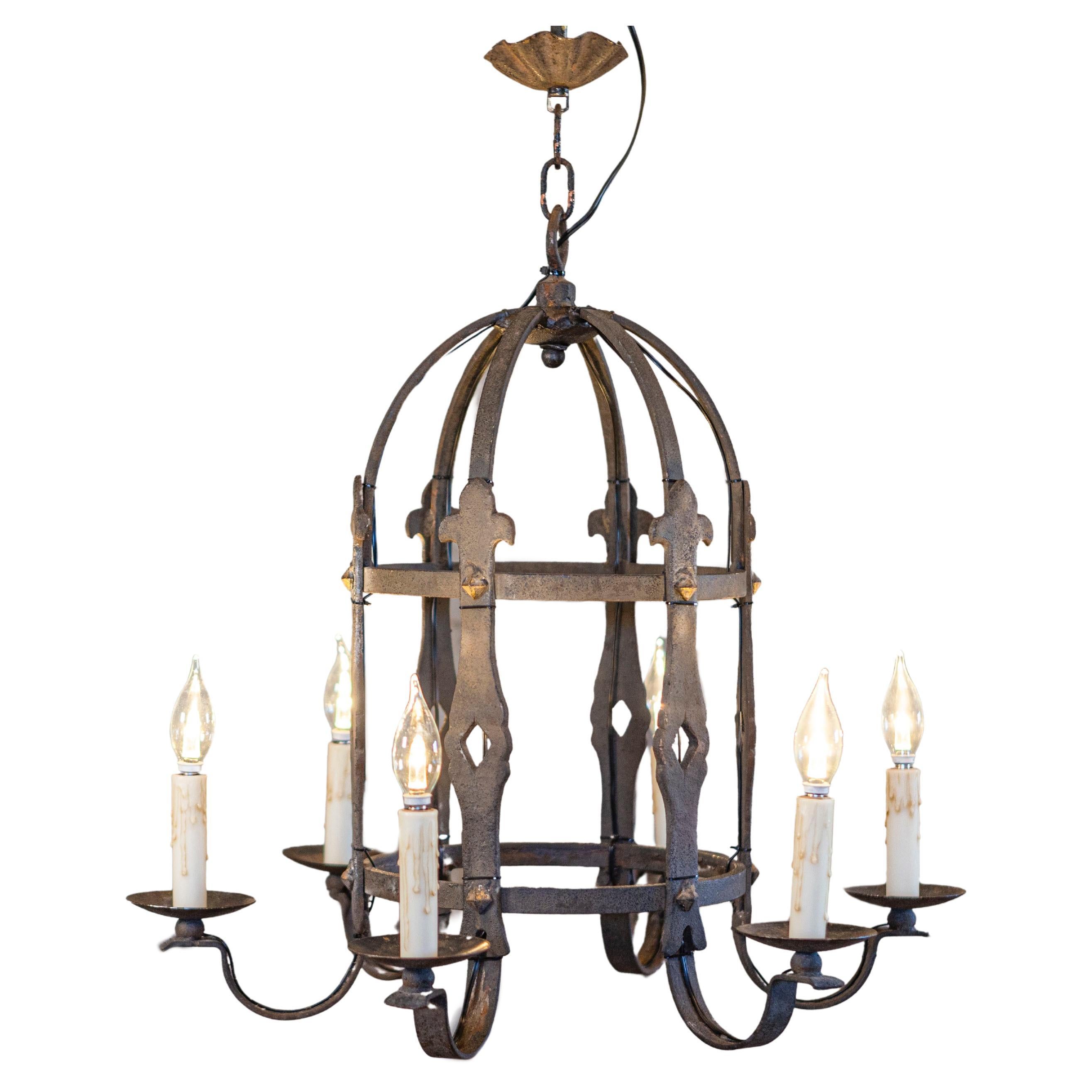French Gothic Style Cage Shaped Wrought Iron Six-Light Chandelier, USA Wired