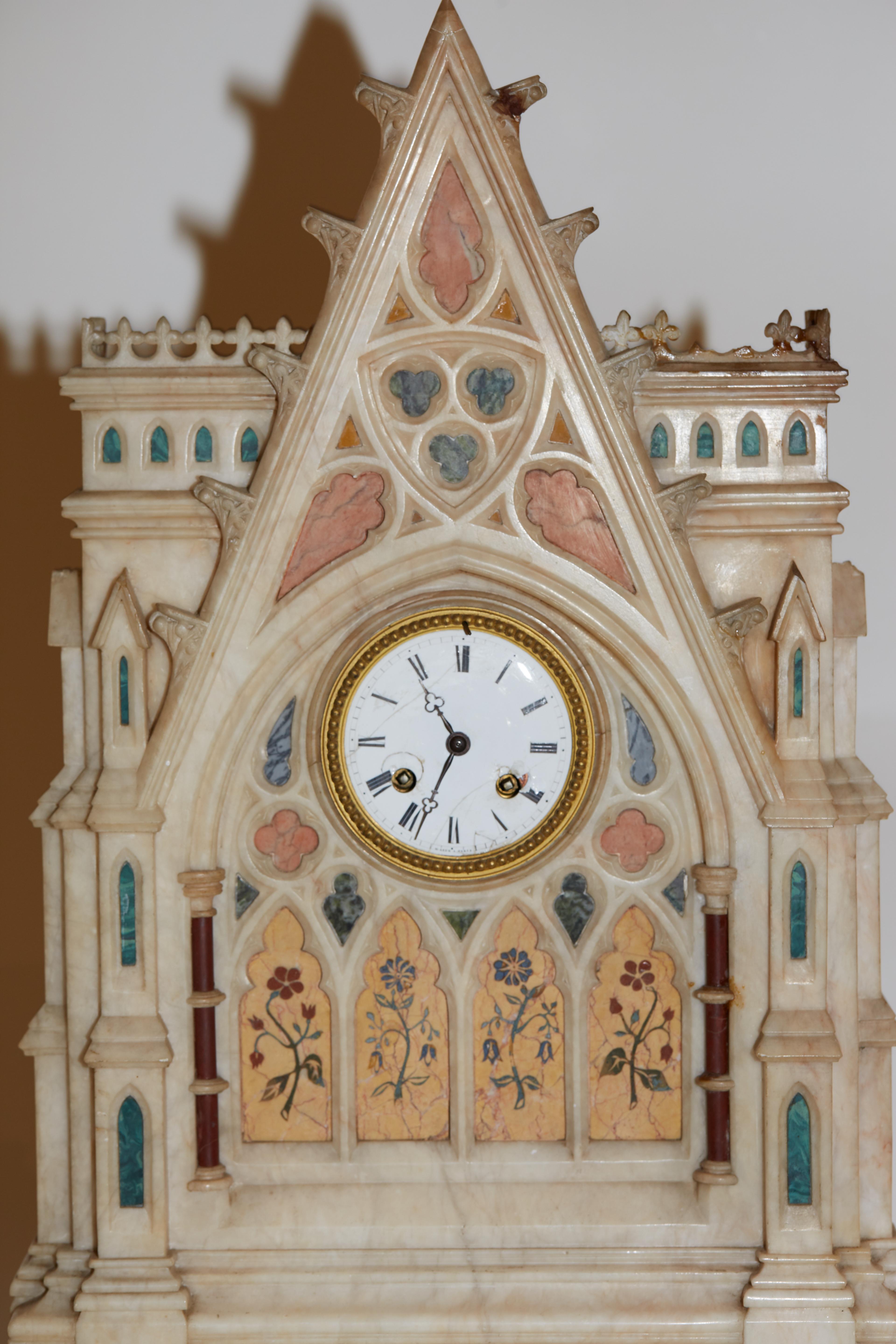 French Gothic Style Inlaid Marble Mantel Clock Dial Signed H. Azur à Paris For Sale 4