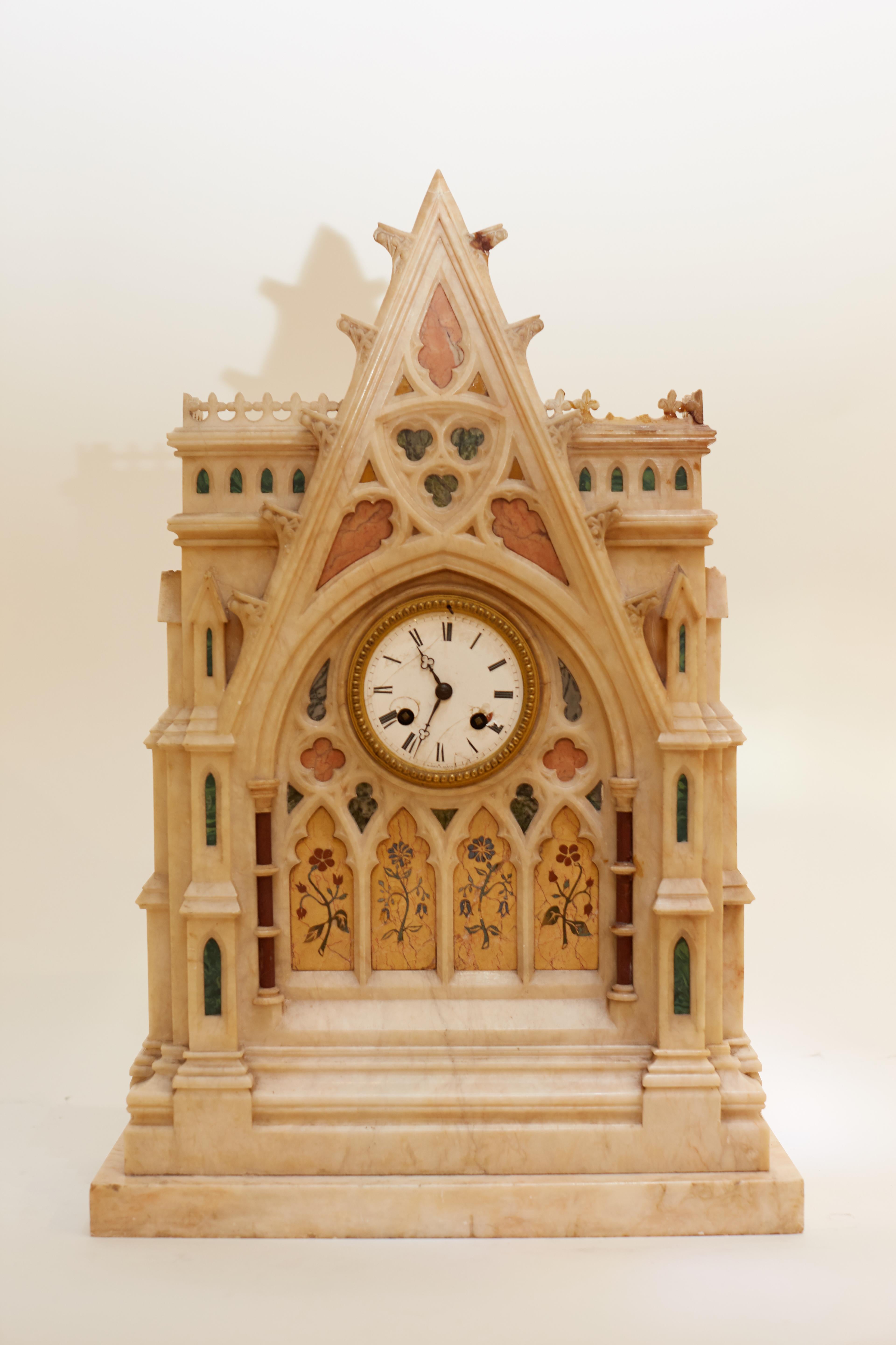 French Gothic Style Inlaid Marble Mantel Clock Dial Signed H. Azur à Paris In Fair Condition For Sale In New York, NY