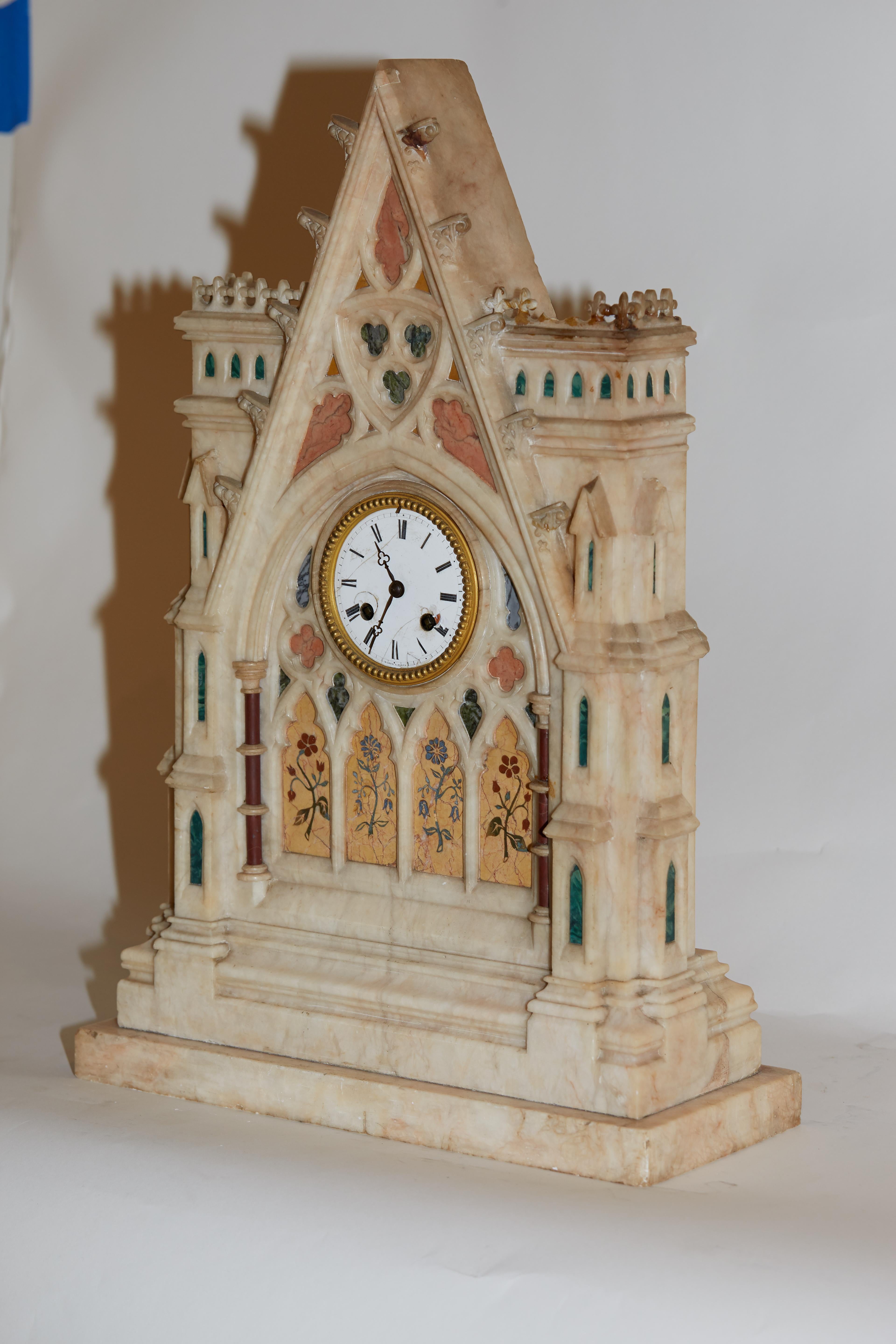 French Gothic Style Inlaid Marble Mantel Clock Dial Signed H. Azur à Paris For Sale 1