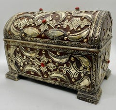 French Gothic Style Jewelry Box or Chest with Bronze Inlay & Leather