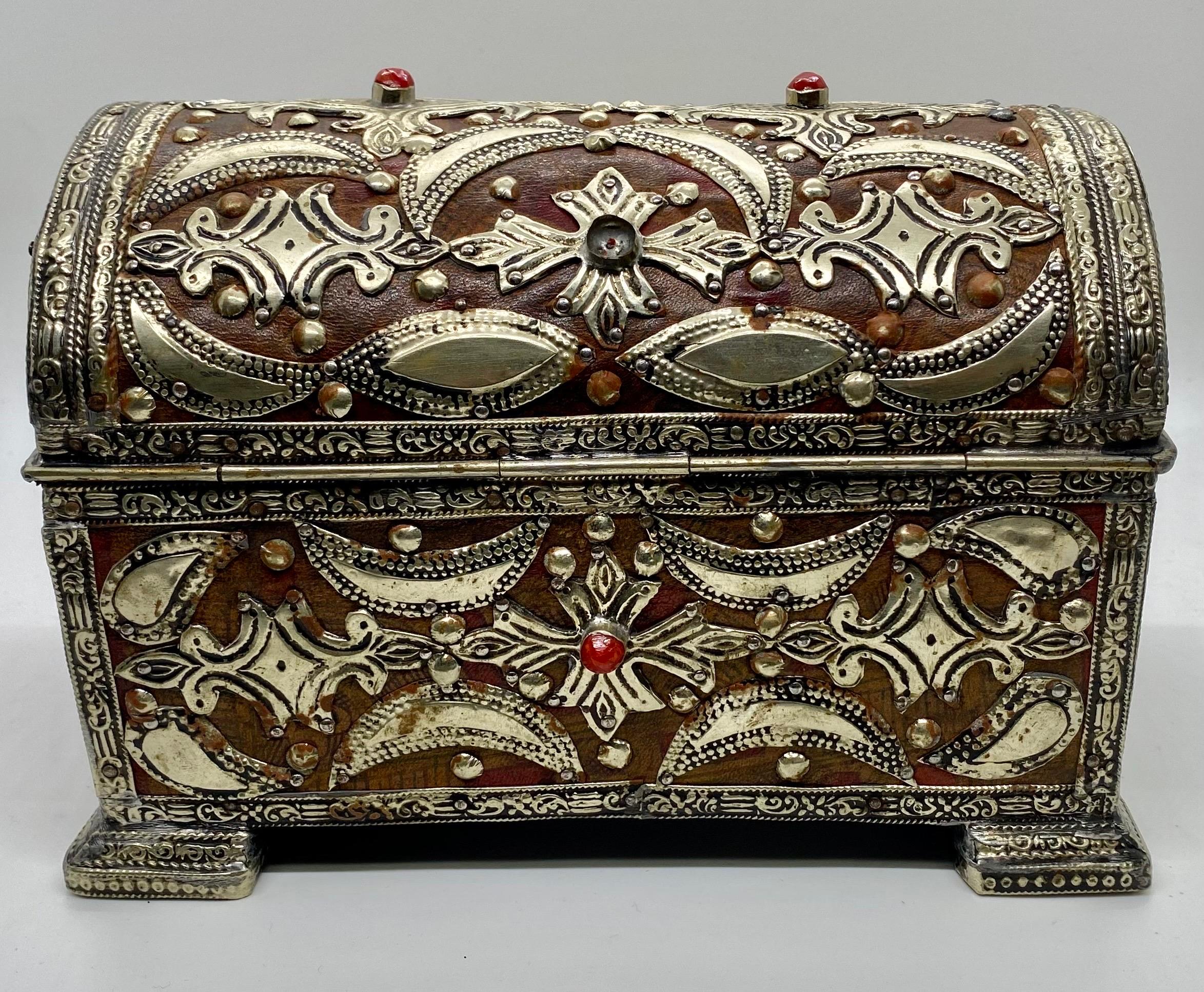 20th Century French Gothic Style Jewelry Box or Chest with Bronze Inlay & Leather  For Sale