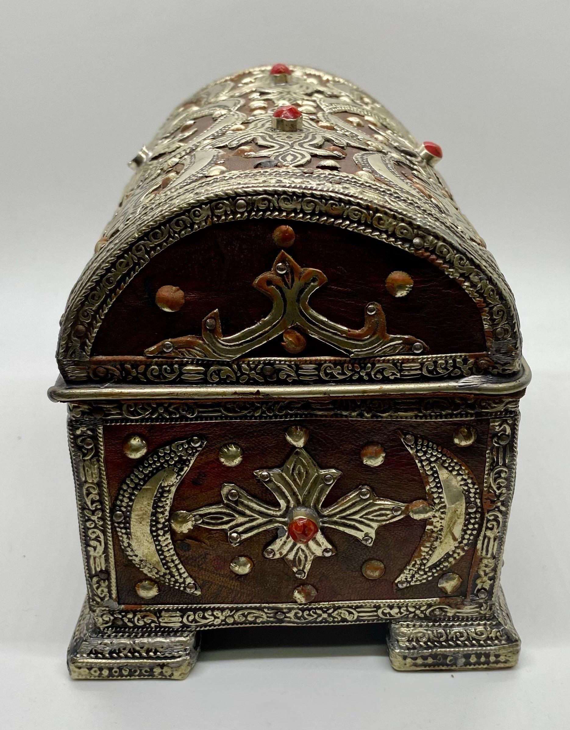 French Gothic Style Jewelry Box or Chest with Bronze Inlay & Leather  For Sale 1