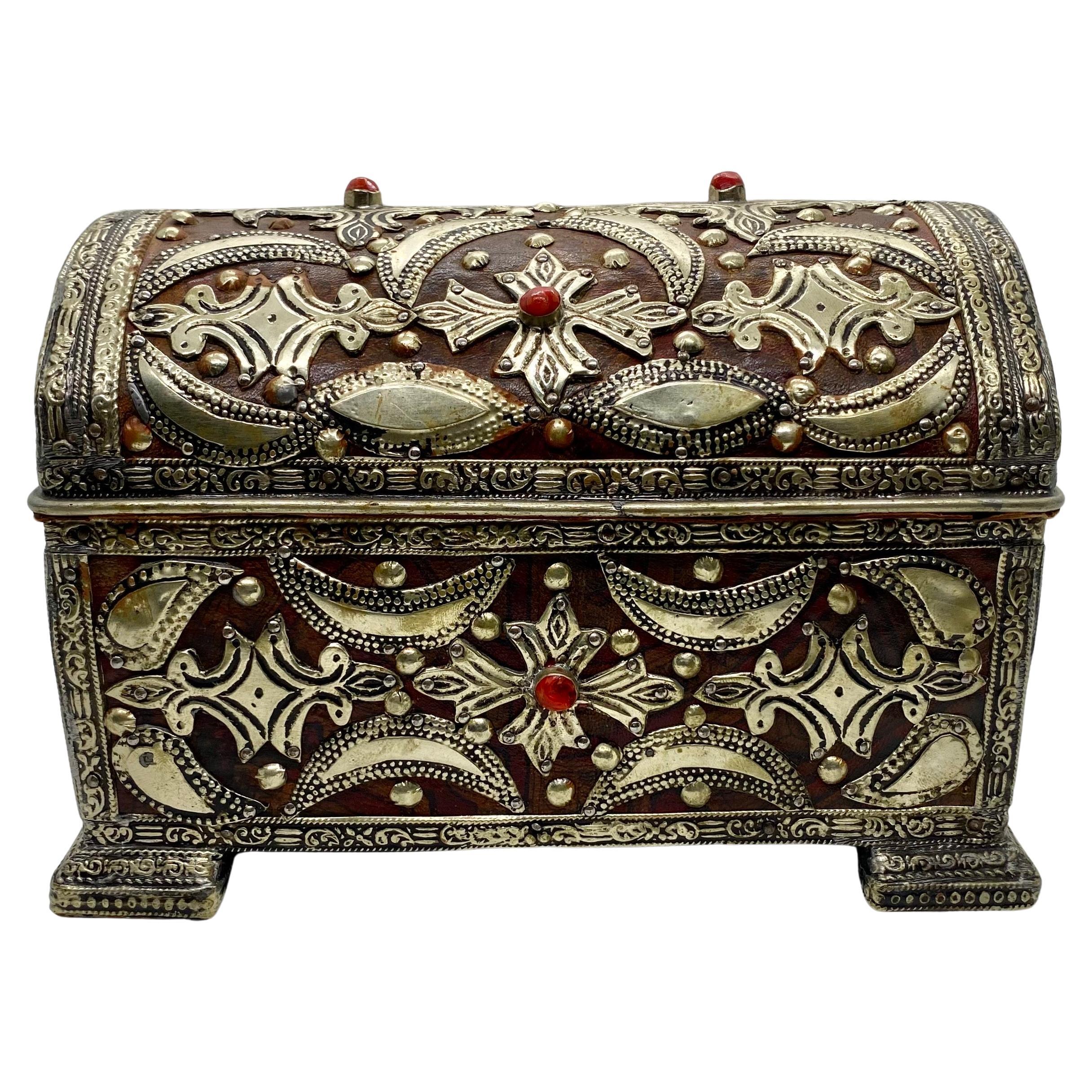French Gothic Style Jewelry Box or Chest with Bronze Inlay & Leather 